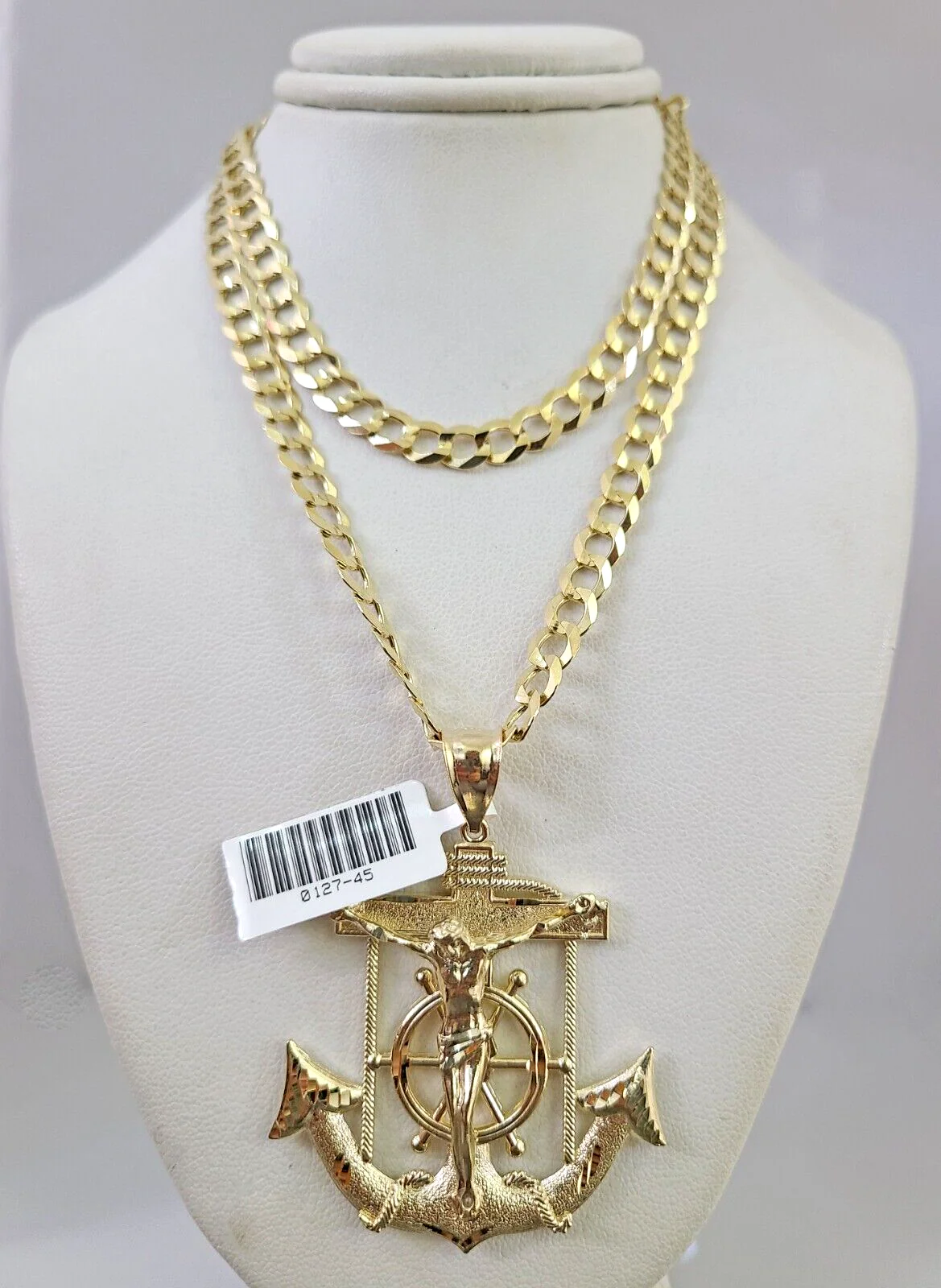 10k Gold Solid Cuban Curb Chain Necklace Jesus Anchor Pendant Set 6mm 20"-30"
