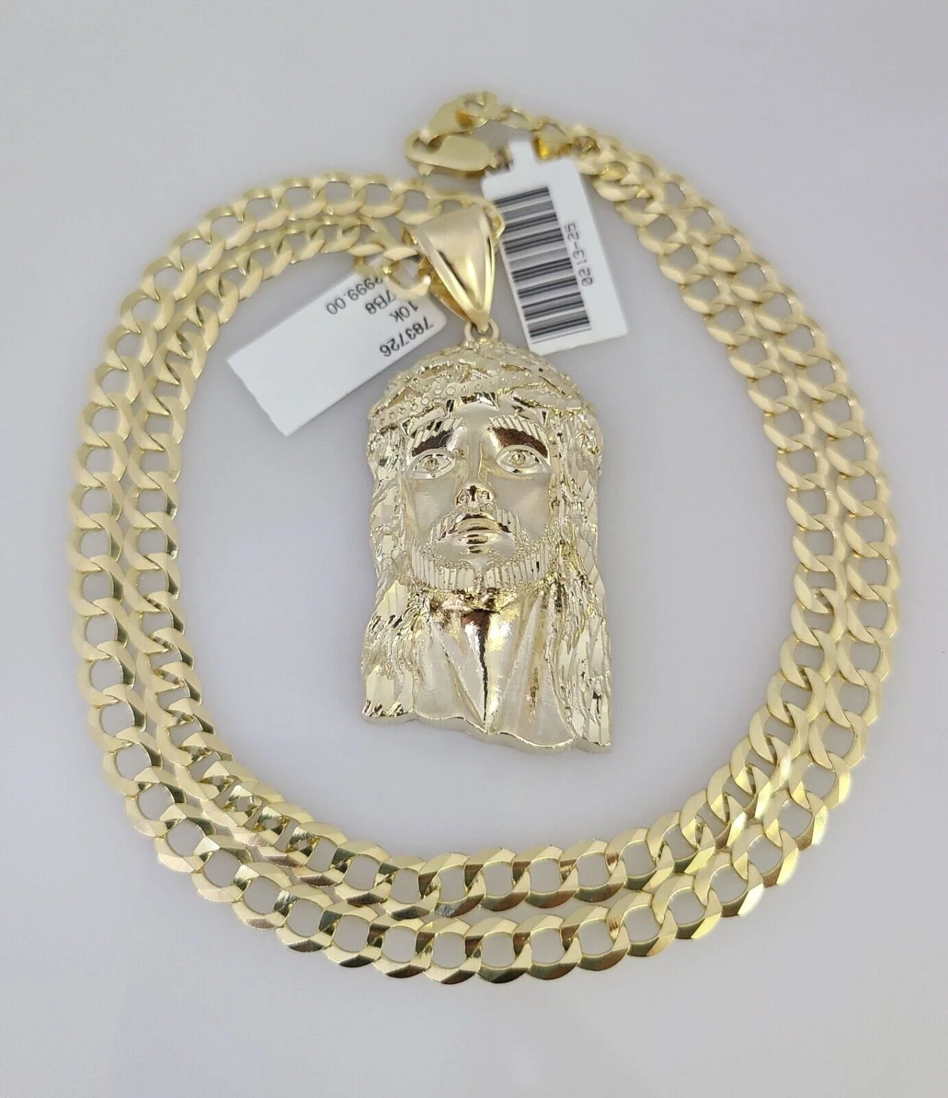 10k Gold Solid Cuban Curb Chain Necklace Jesus Head Pendant Set 6mm 20"-30"