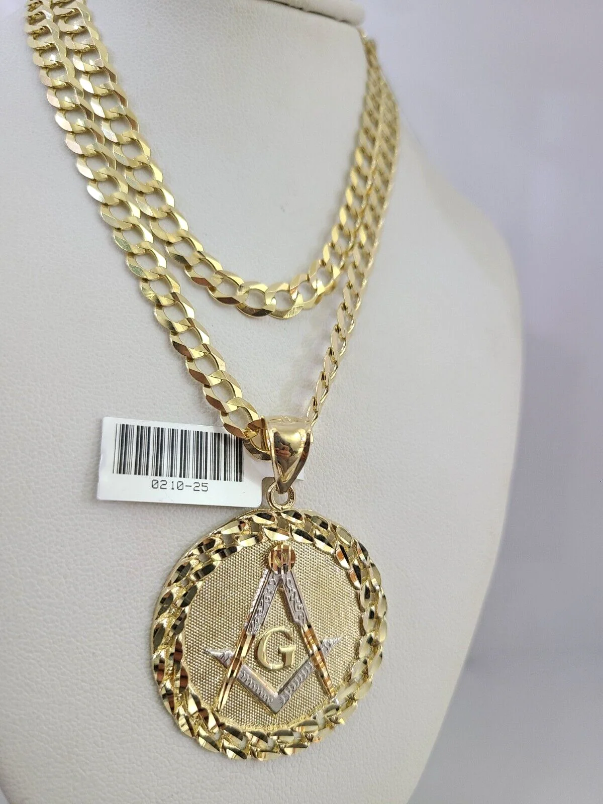 10k Gold Solid Cuban Curb Chain Necklace Masonic Pendant Set 6mm 20"-30" Charm