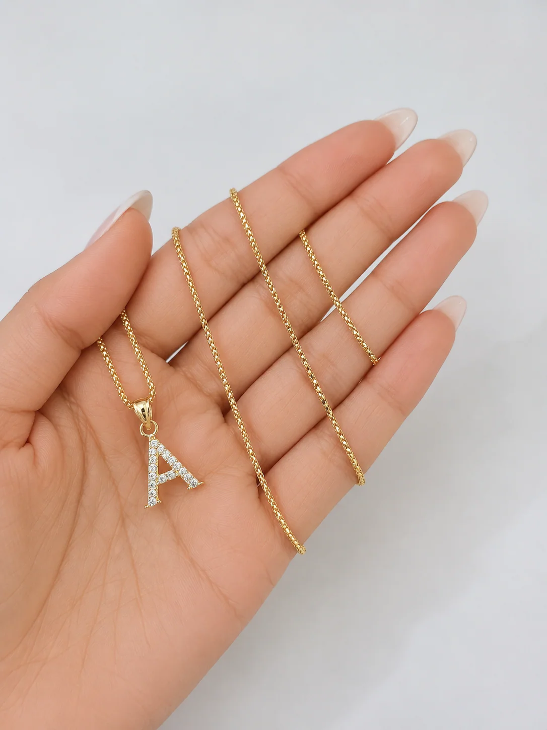 10K Gold Solid Franco Chain A Initial CZ Stone Pendant Set 1mm 16 18 20 22 Women - Image 6