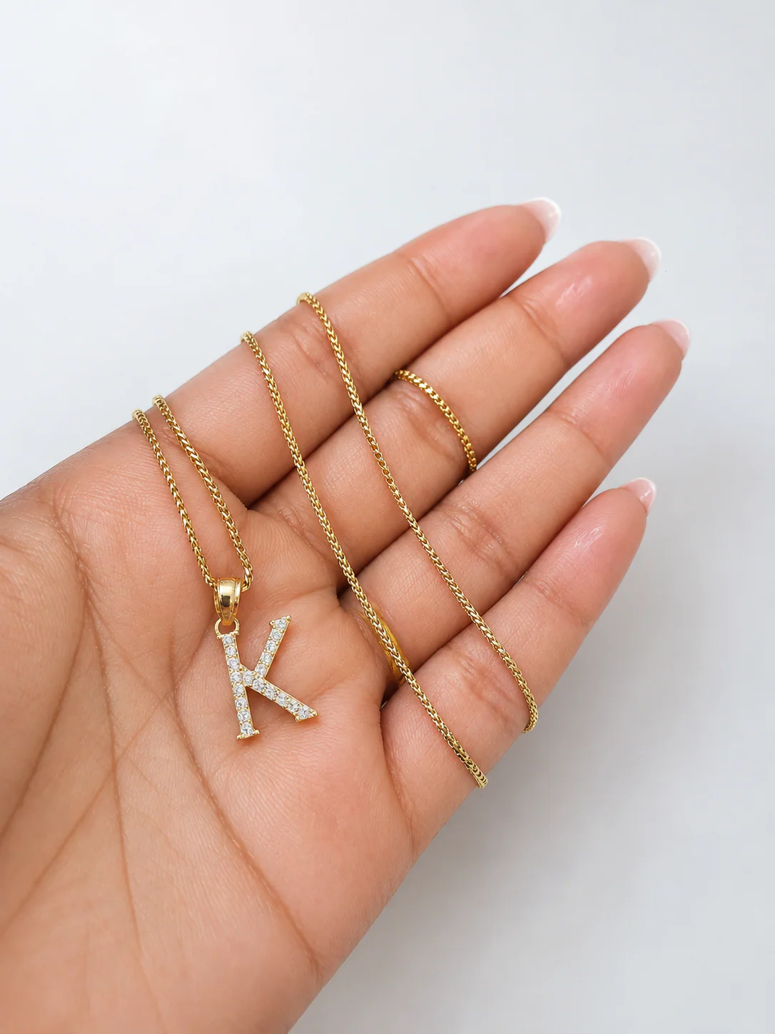 10K Gold Solid Franco Chain K Initial CZ Stone Pendant Set 1mm 16 18 20 22 Women - Image 2