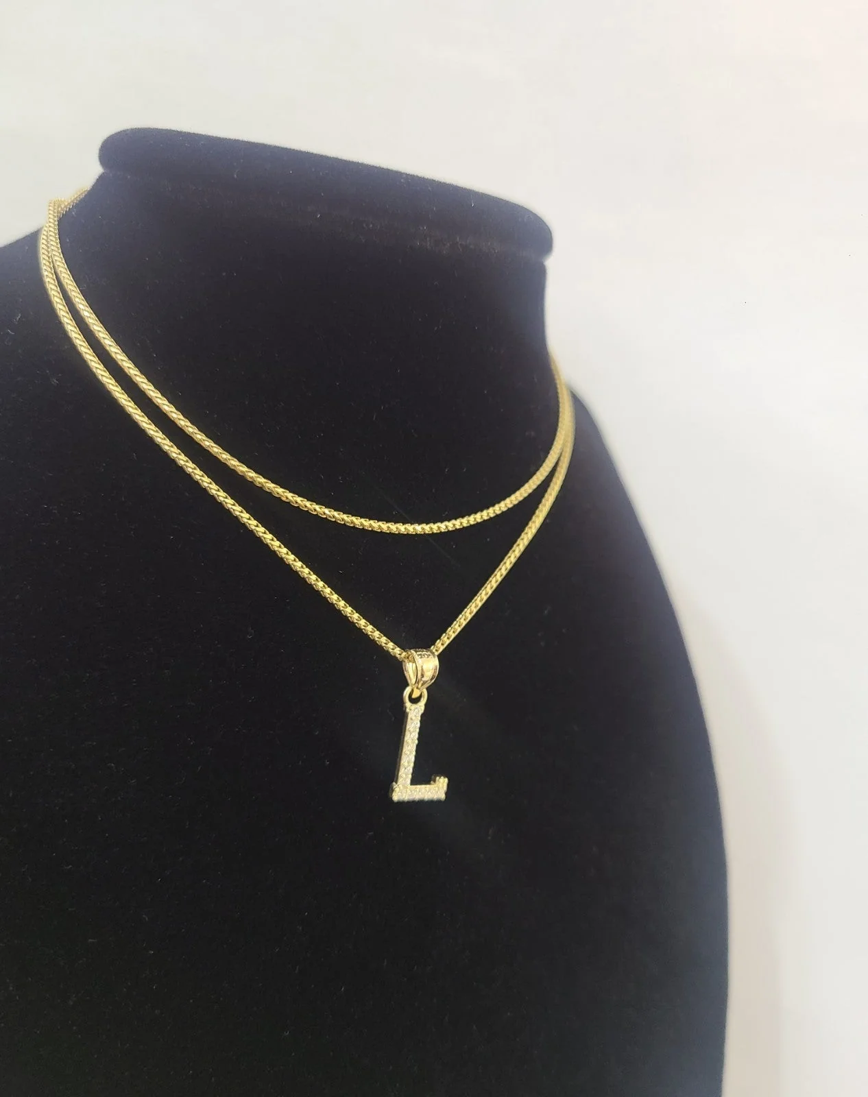 10K Gold Solid Franco Chain L Initial CZ Stone Pendant Set 1mm 16 18 20 22 Women - Image 4