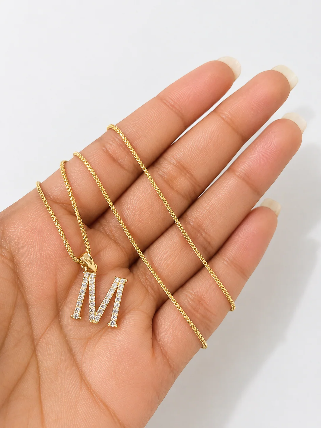 10K Gold Solid Franco Chain M Initial CZ Stone Pendant Set 1mm 16 18 20 22 Women - Image 7