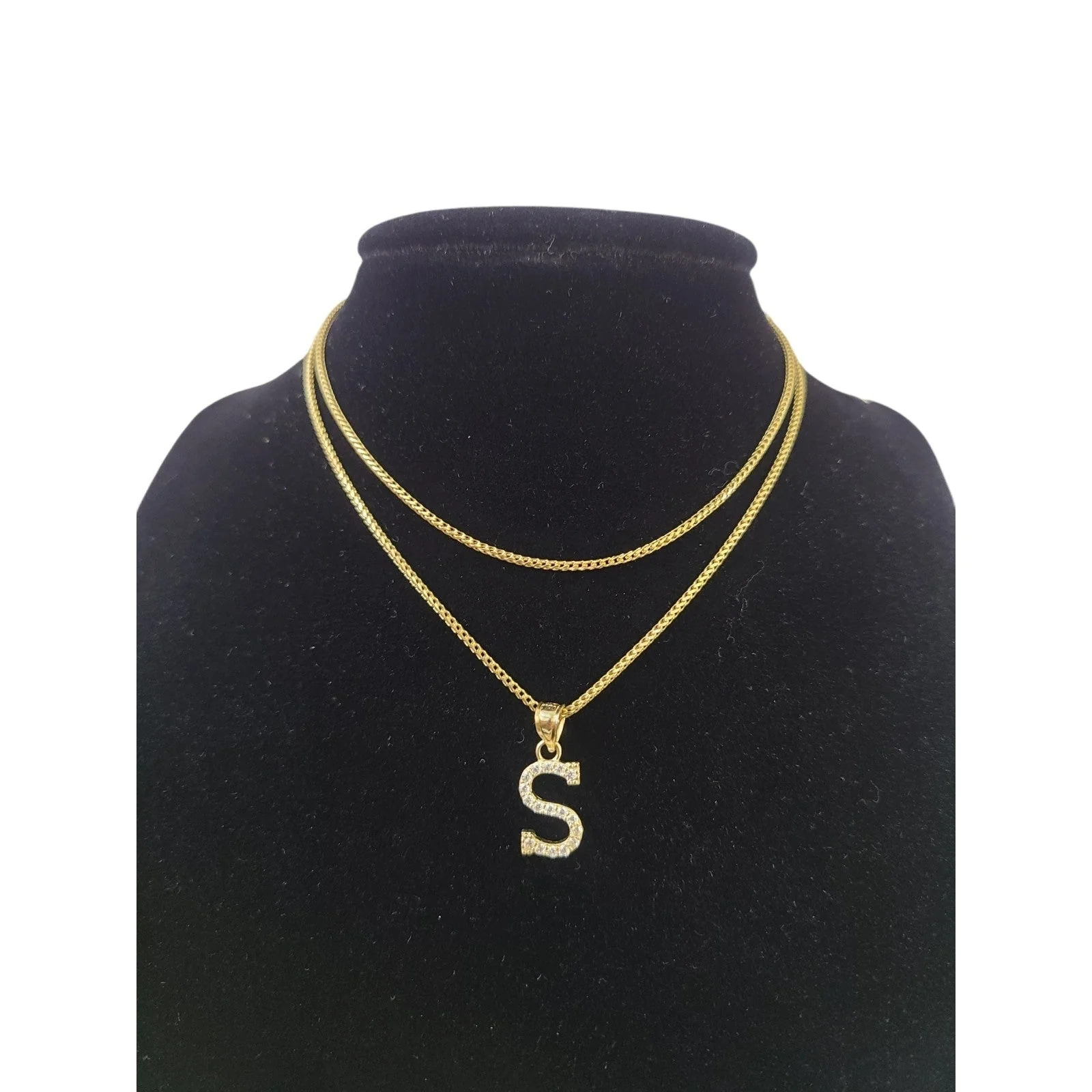 10K Gold Solid Franco Chain S Initial CZ Stone Pendant Set 1mm 16 18 20 22 Women - Image 3