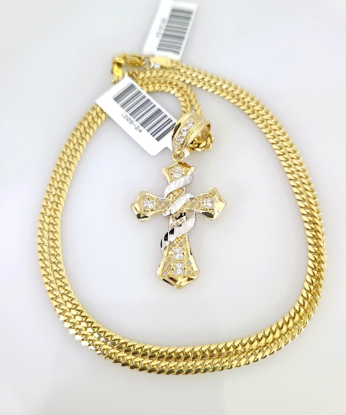 10k Gold Solid Miami Cuban Necklace Spiral Cross Pendant 2.5mm 18-24" Chain Set - Image 2