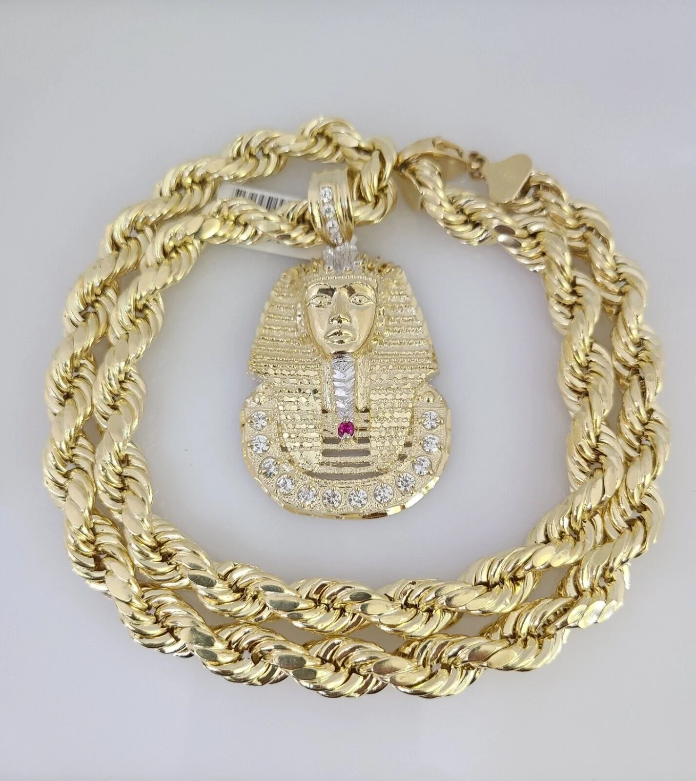10k Hollow Rope Chain Pharaoh Head Charm Necklace Set 9mm 20"-30" Gold Real