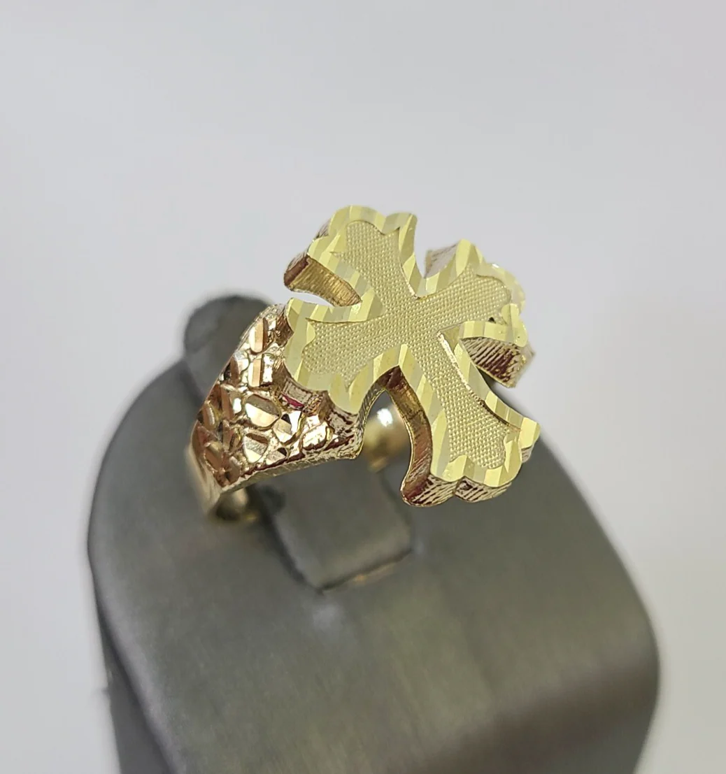 10k Jesus Cross Nugget Ring Casual Band Yellow Gold Genuine Brand New Religious All Sizes