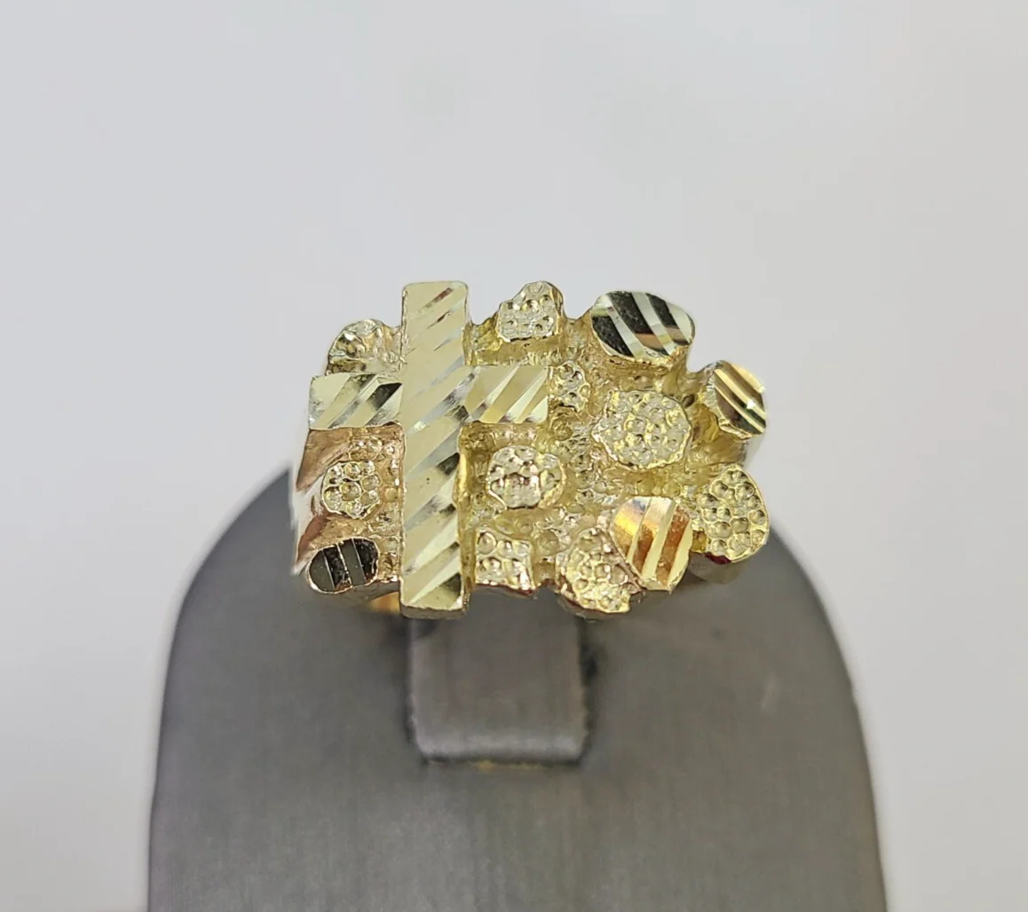 10k Jesus Cross Nugget Ring Casual Band Yellow Gold Genuine Brand New Religious All Sizes