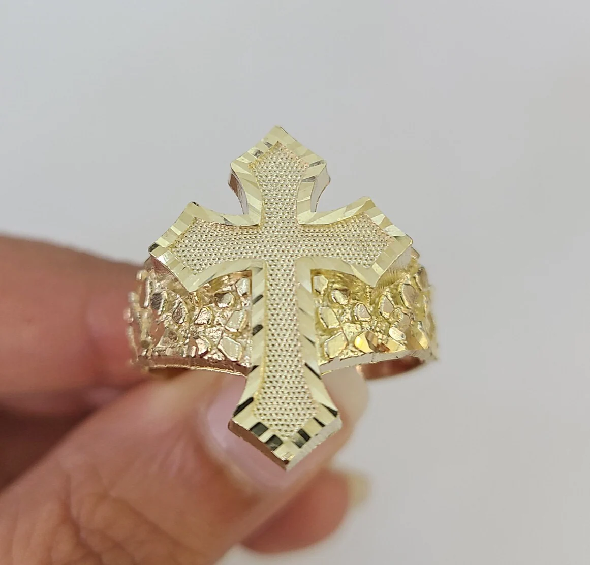 10k Jesus Cross Nugget Ring Casual Band Yellow Gold Genuine Brand New Religious All Sizes