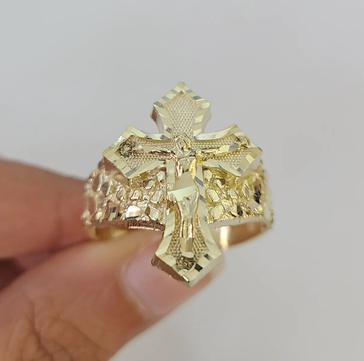 10k Jesus Crucifix Cross Nugget Ring Casual Band Yellow Gold Brand New Religious All Sizes