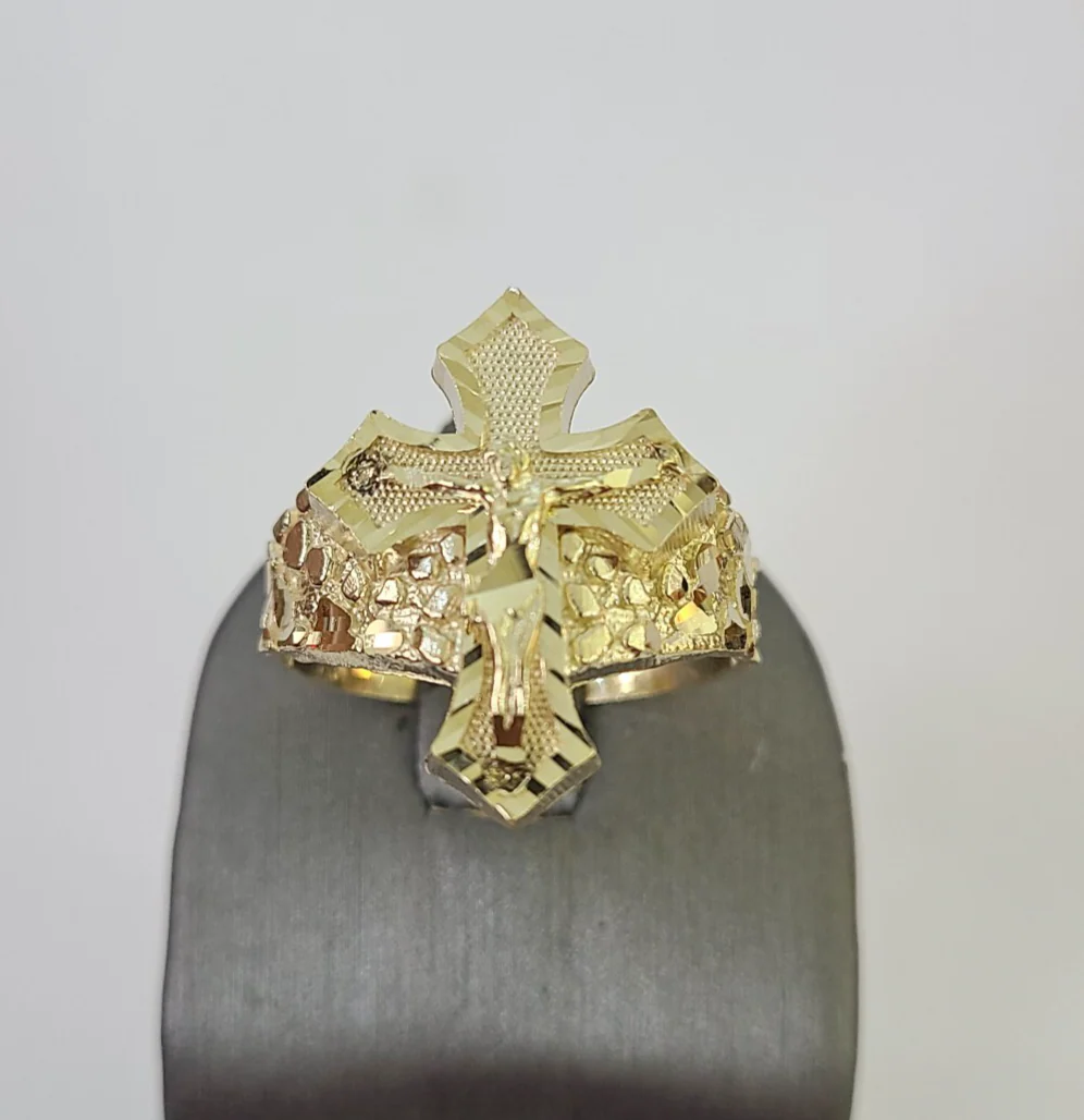 10k Jesus Crucifix Cross Nugget Ring Casual Band Yellow Gold Brand New Religious All Sizes - Image 4
