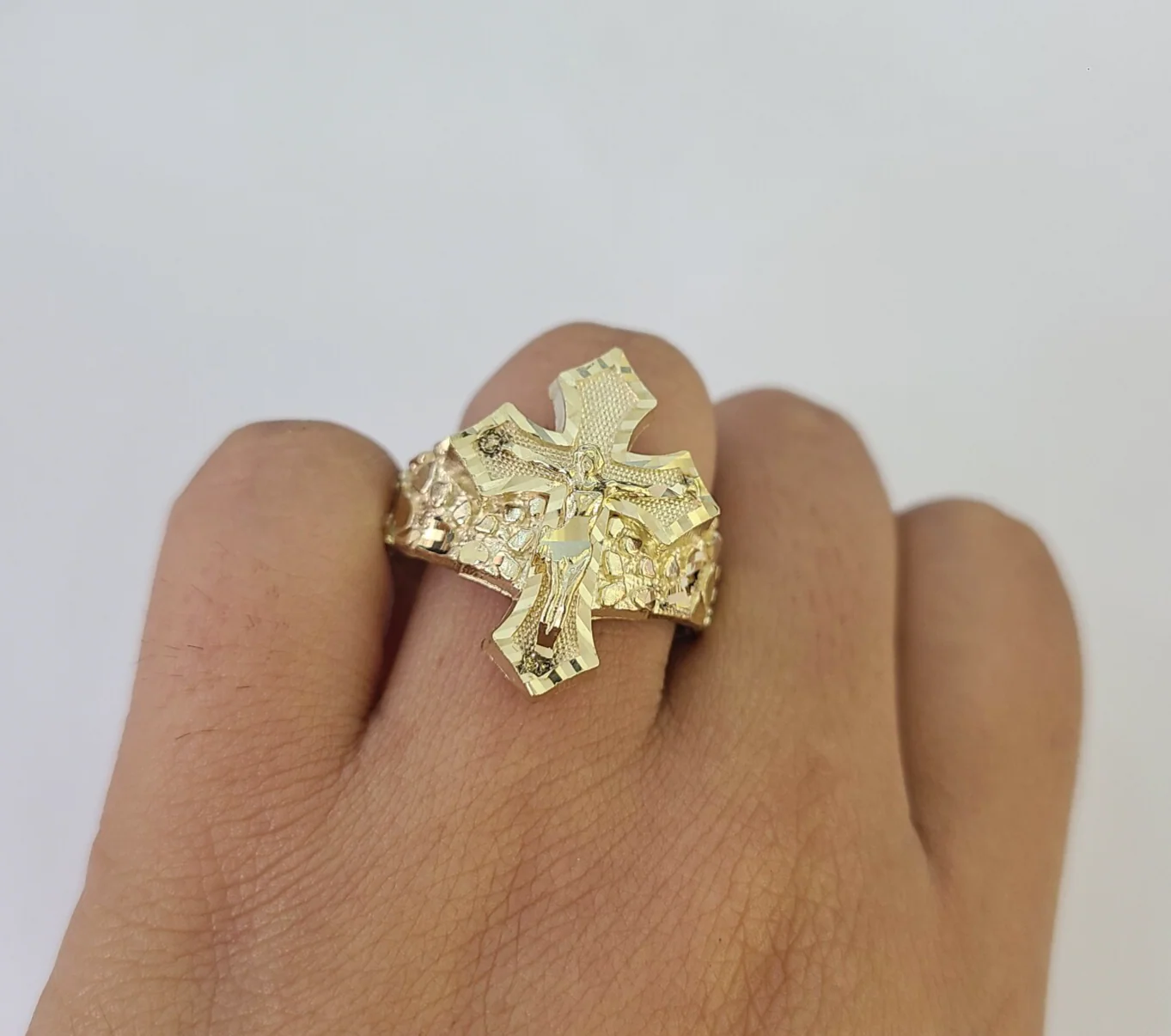 10k Jesus Crucifix Cross Nugget Ring Casual Band Yellow Gold Brand New Religious All Sizes - Image 6