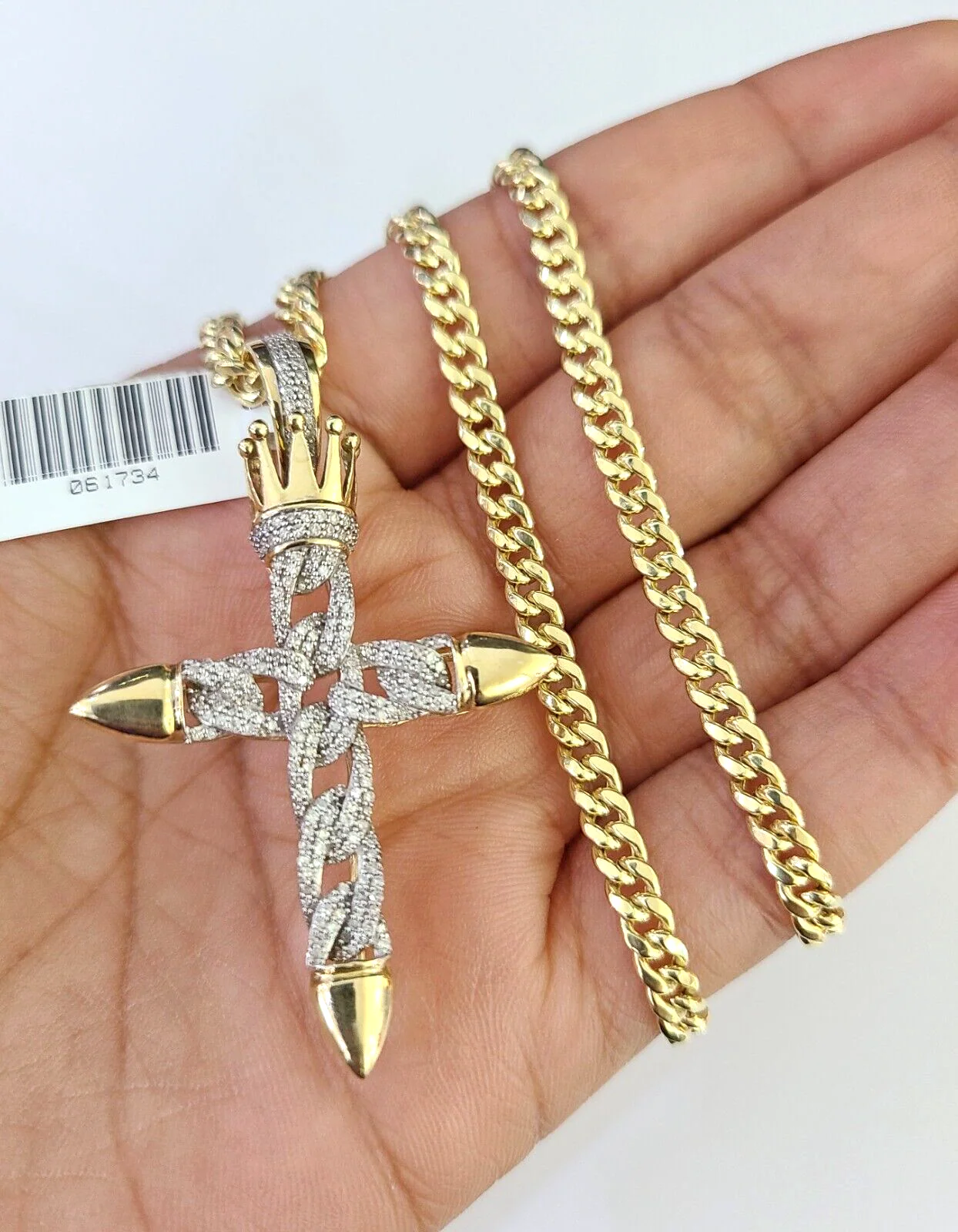 10k Miami Cuban Chain Diamond Jesus Cross Charm Set 4mm 18"-28" Necklace Gold