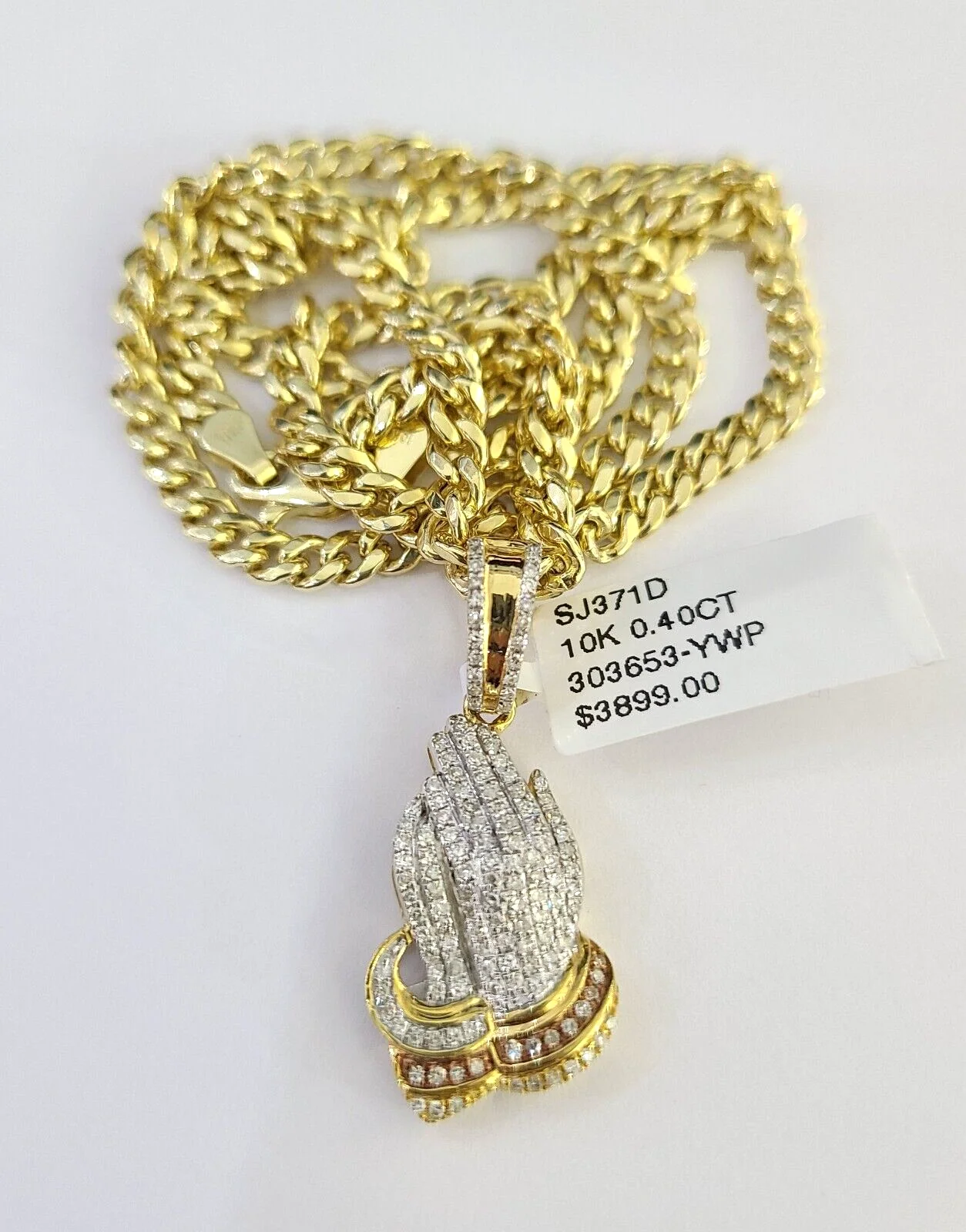 10k Miami Cuban Chain Diamond Praying Hands Charm Set 4mm 18"-28" Necklace Gold - Image 6