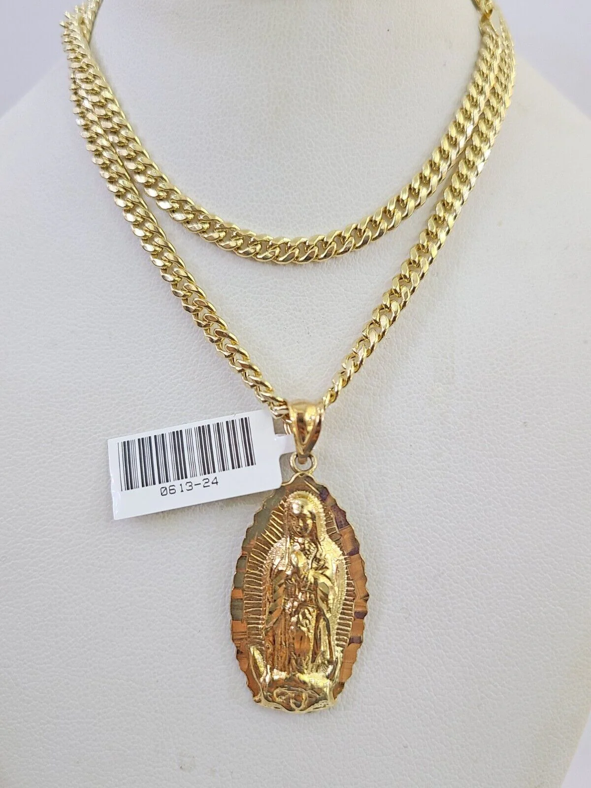 10k Miami Cuban Chain Virgin Mary Charm Set 4mm 18"-28" Necklace Yellow Gold - Image 6