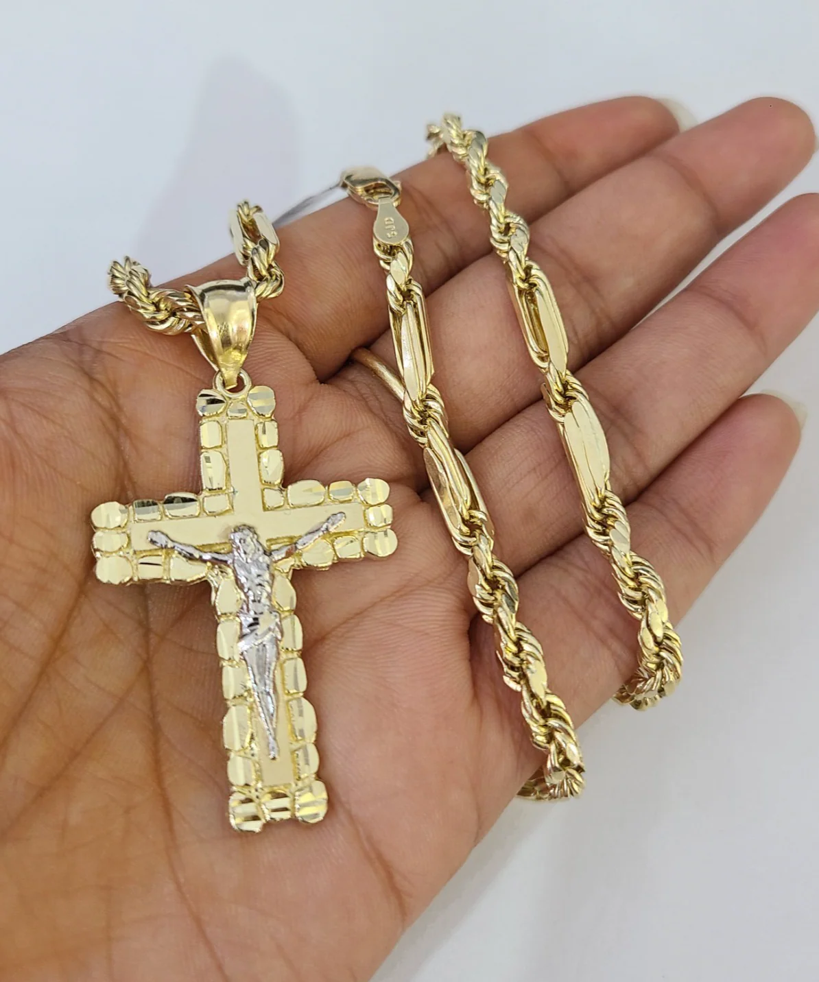 10k Milano Rope Chain Jesus Cross Charm Necklace SET 5mm 18"-28" Pendant