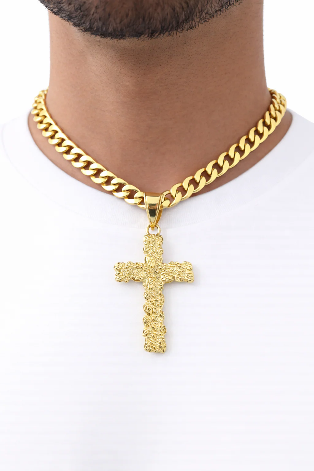 10k Real Gold Cuban Curb Chain Nugget Christ Cross Pendant SET 8mm Necklace Men