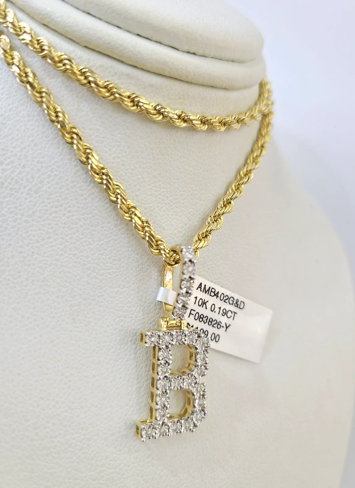 10k Rope Chain B Diamond Initial Charm Necklace Pendant Set 2mm 18"-24" Gold - Image 6