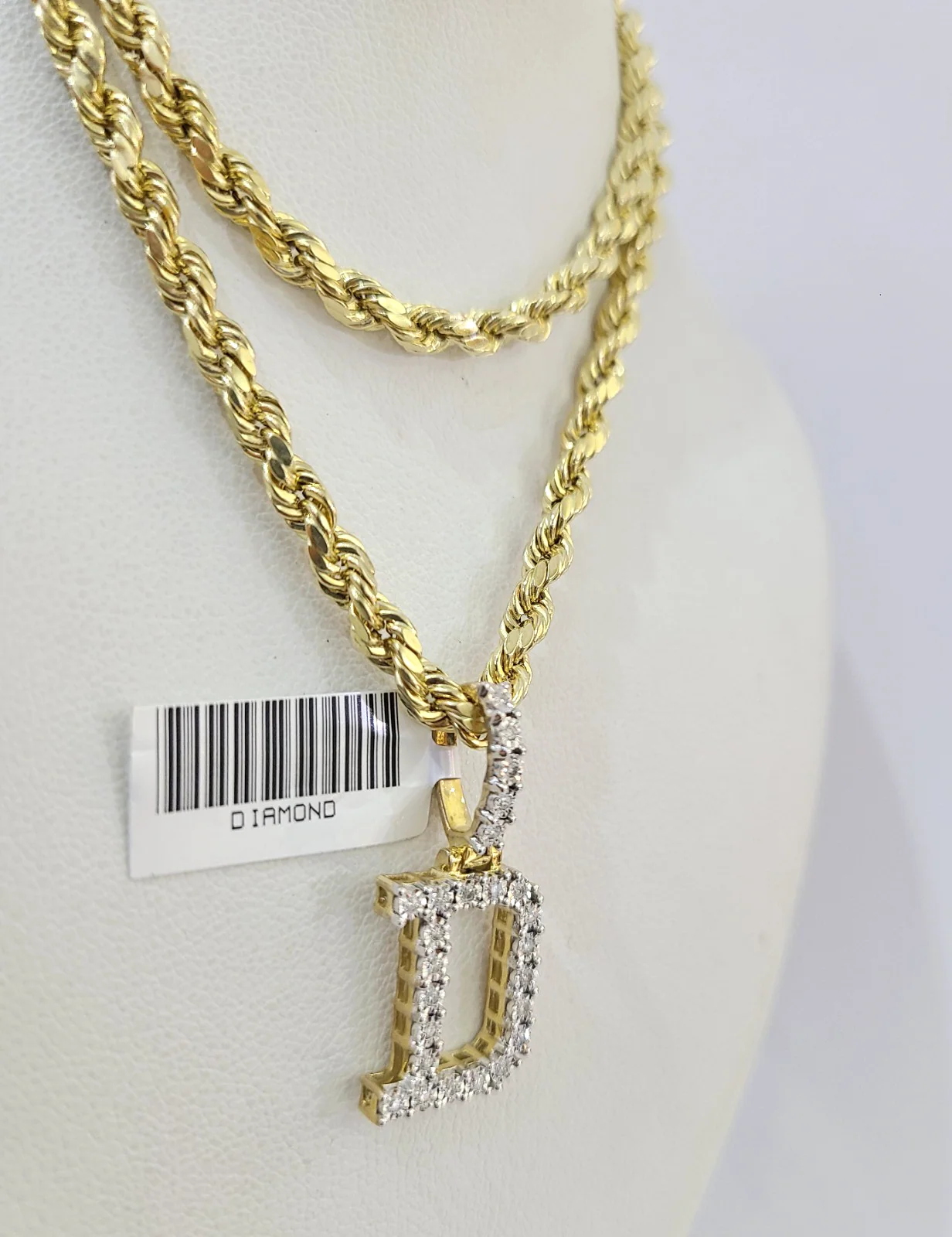 10k Rope Chain D Diamond Initial Charm Necklace Pendant Set 4mm 20"-30" Gold - Image 6