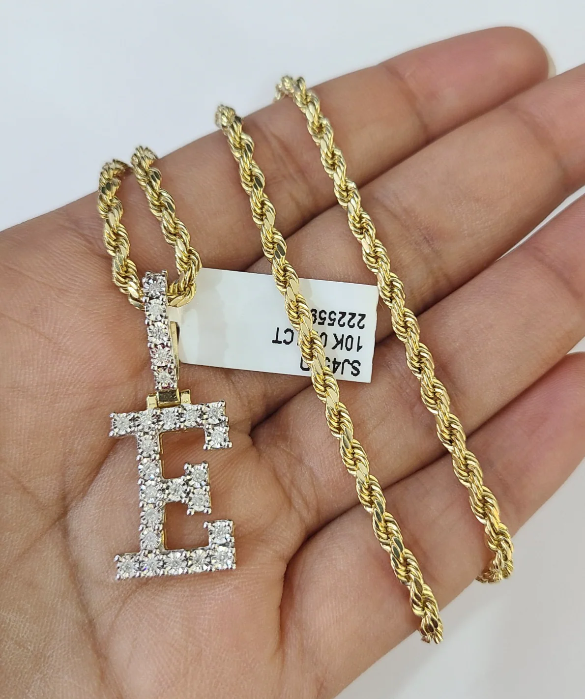 10k Rope Chain E Diamond Initial Charm Necklace Pendant Set 2mm 18"-24" Gold