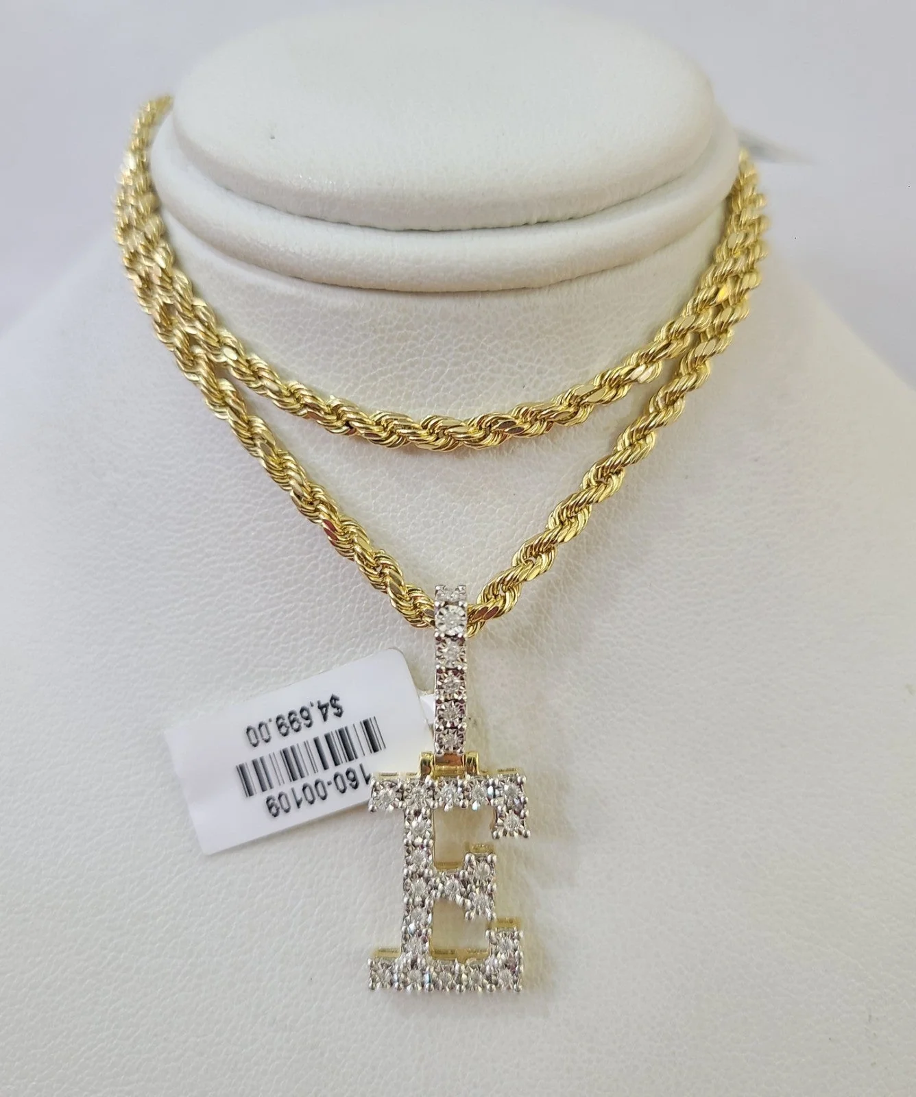 10k Rope Chain E Diamond Initial Charm Necklace Pendant Set 2mm 18"-24" Gold - Image 3