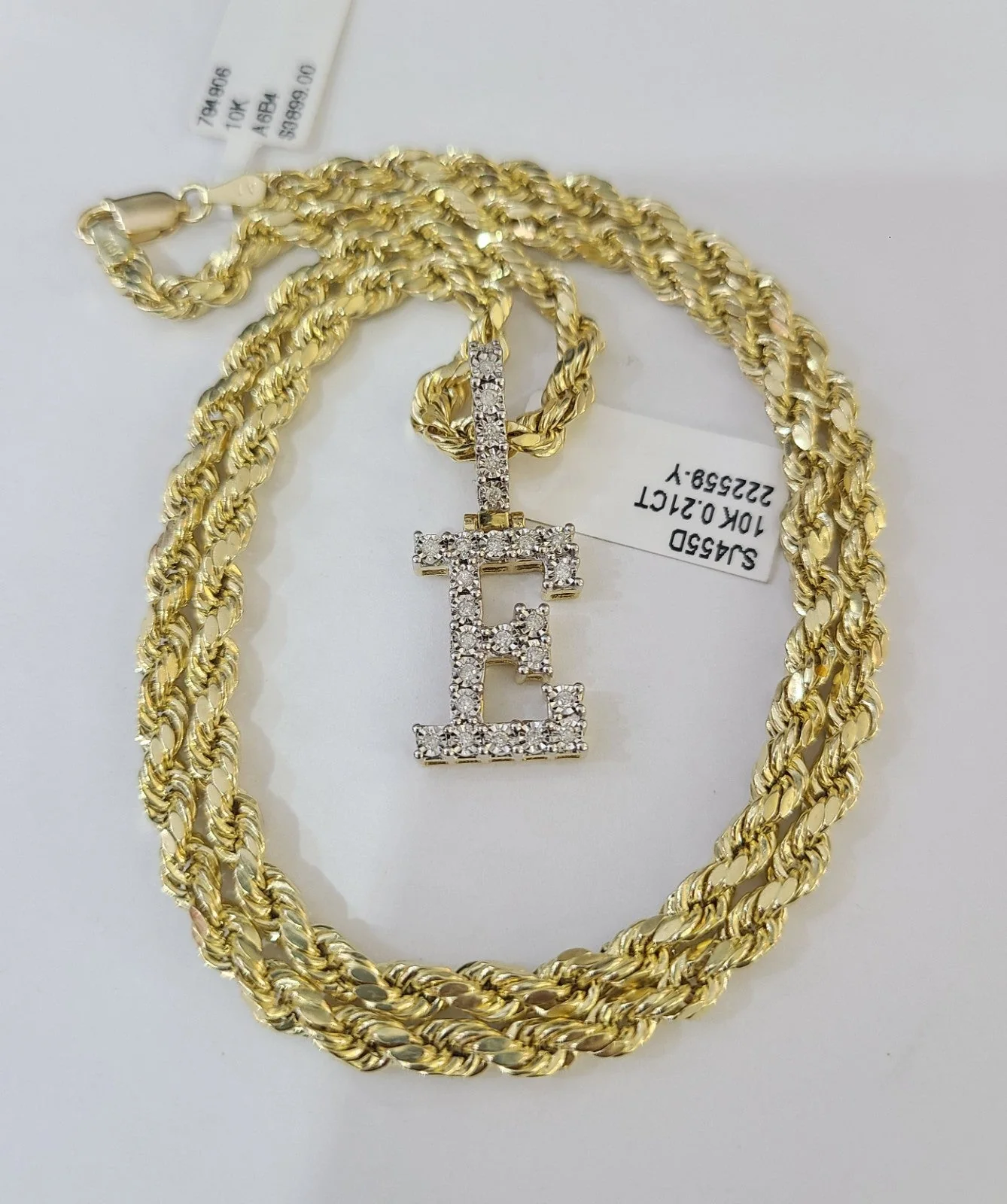 10k Rope Chain E Diamond Initial Charm Necklace Pendant Set 4mm 20"-30" Gold - Image 3