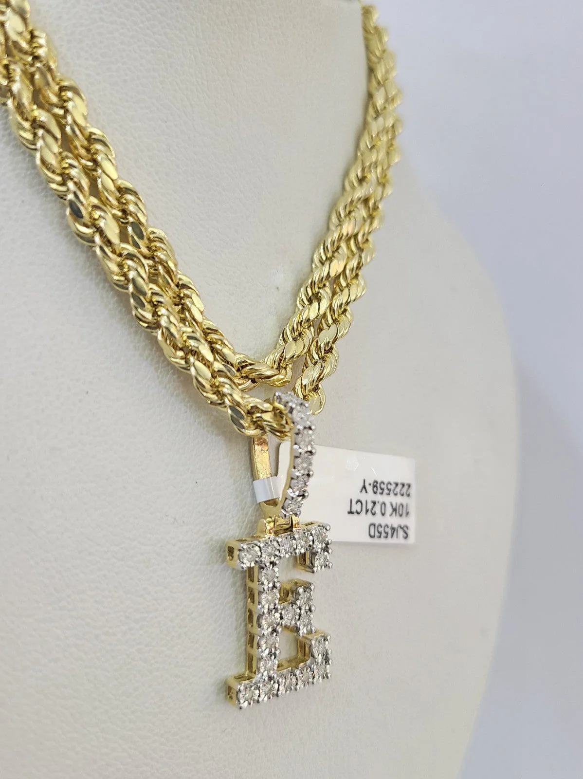 10k Rope Chain E Diamond Initial Charm Necklace Pendant Set 4mm 20"-30" Gold - Image 4