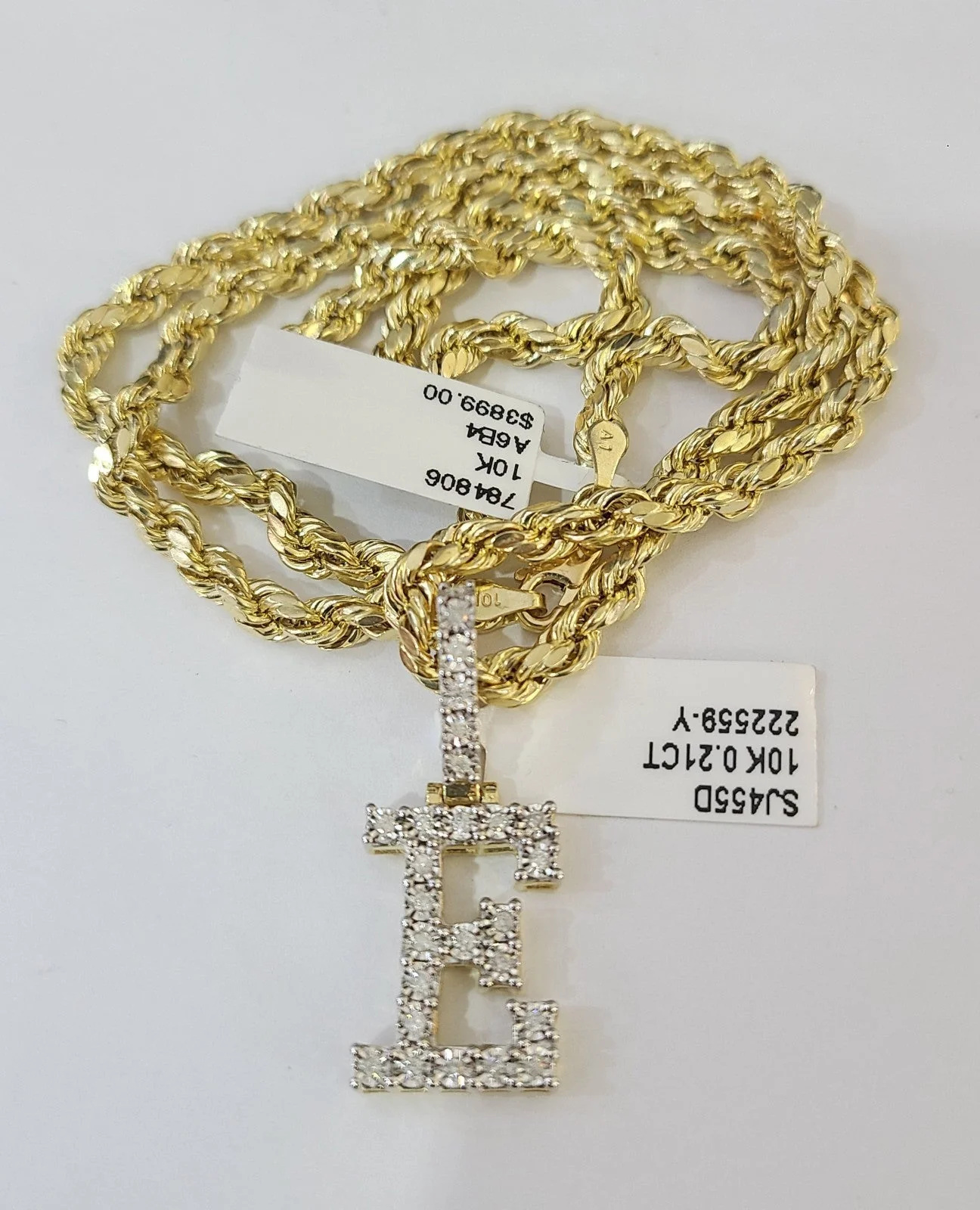 10k Rope Chain E Diamond Initial Charm Necklace Pendant Set 4mm 20"-30" Gold - Image 5