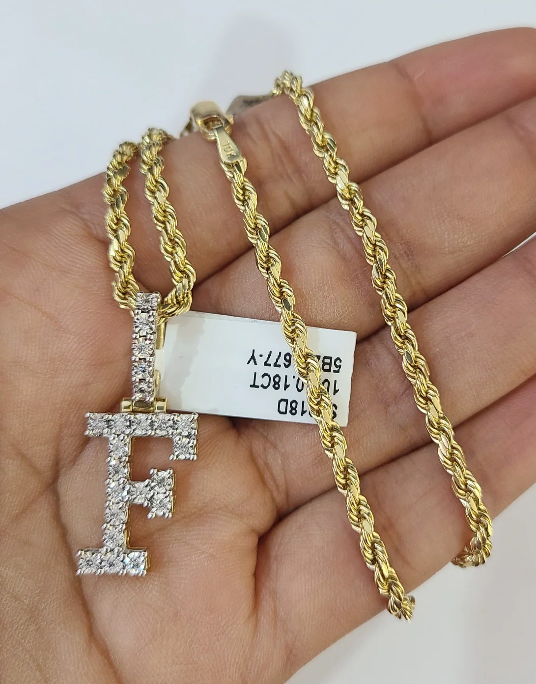 10k Rope Chain F Diamond Initial Charm Necklace Pendant Set 2mm 18"-24" Gold - Image 5