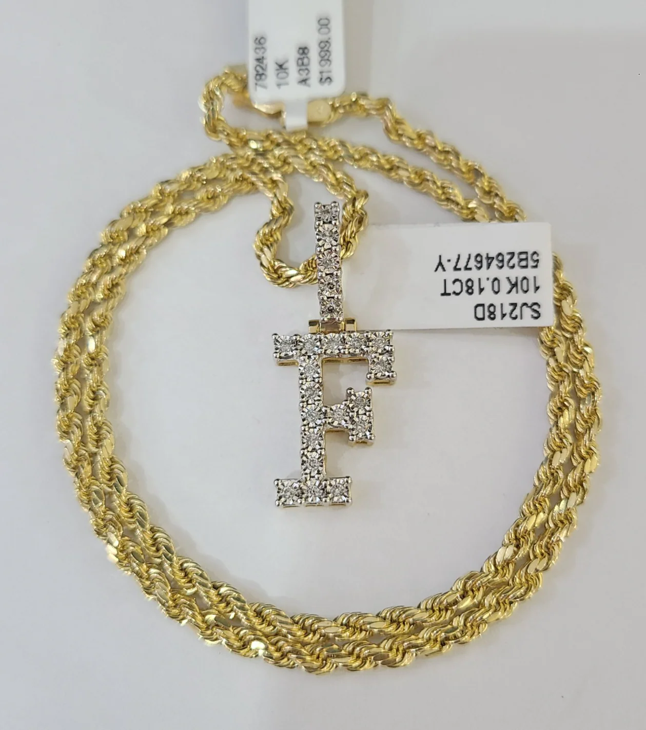 10k Rope Chain F Diamond Initial Charm Necklace Pendant Set 2mm 18"-24" Gold - Image 6