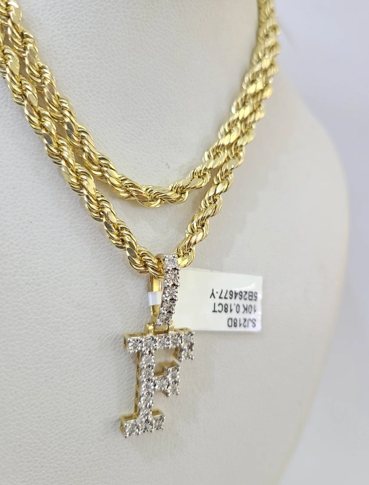 10k Rope Chain F Diamond Initial Charm Necklace Pendant Set 4mm 20"-30" Gold - Image 6