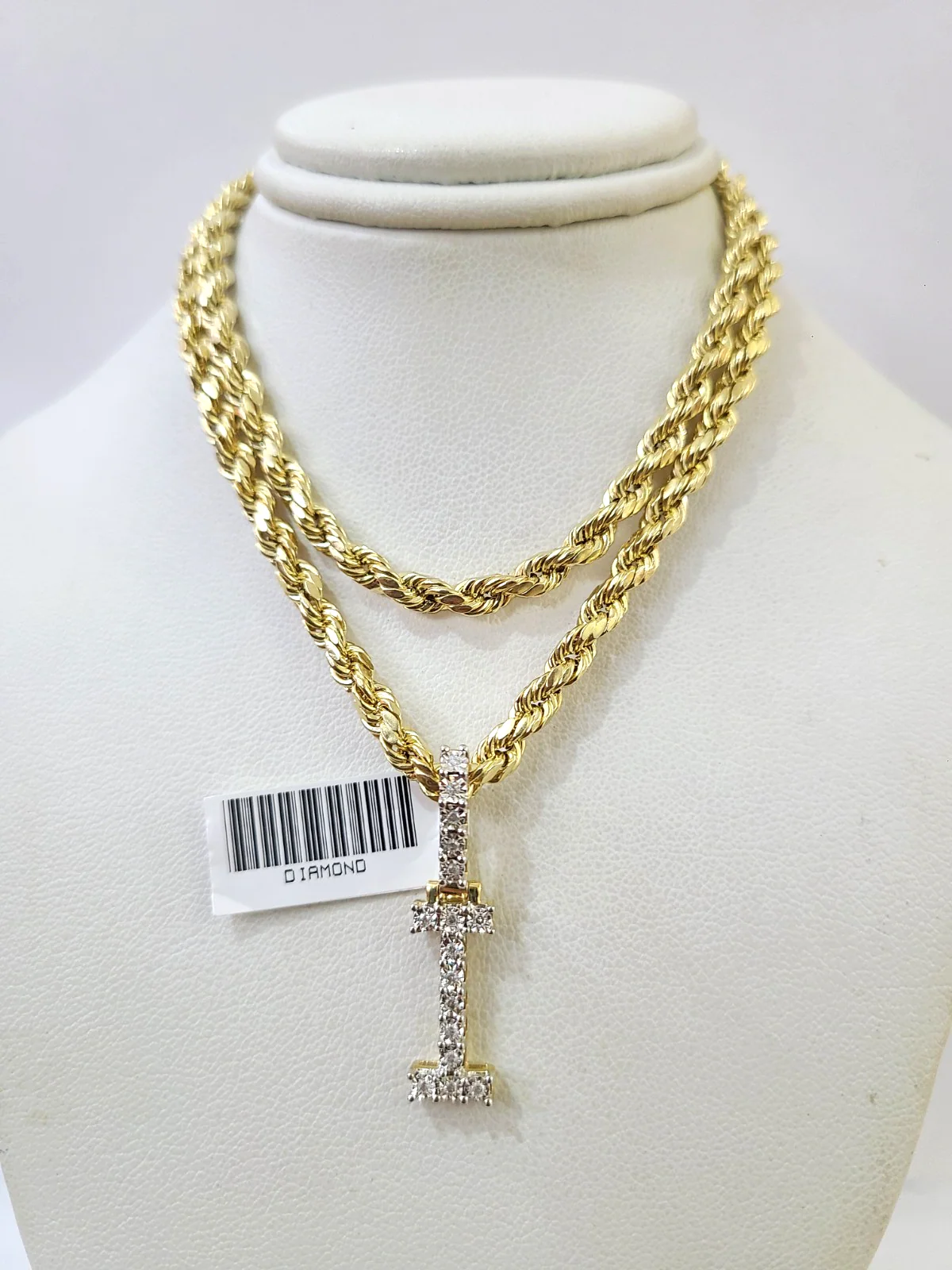 10k Rope Chain I Diamond Initial Charm Necklace Pendant Set 4mm 20"-30" Gold - Image 6