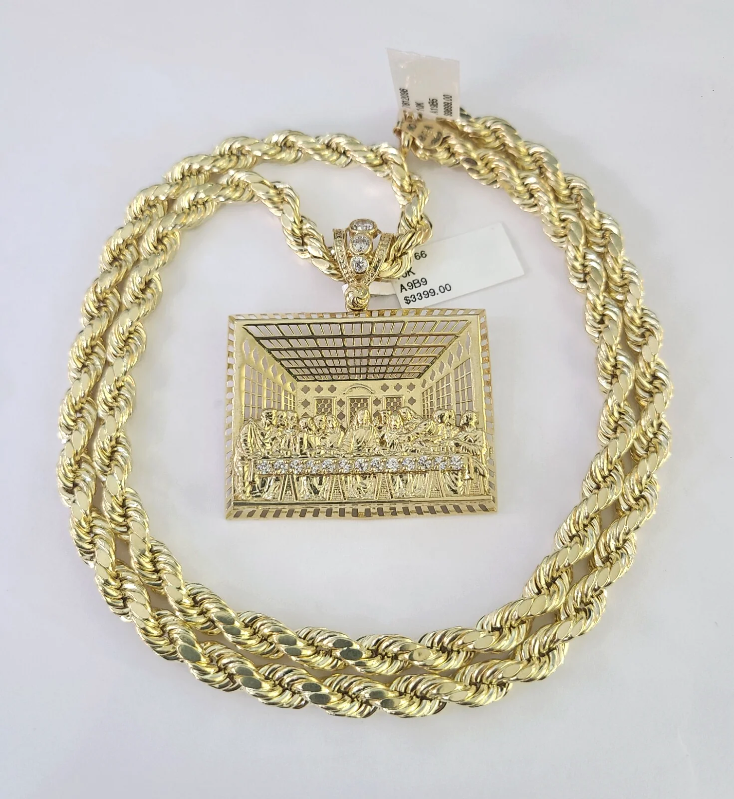10k Rope Chain Last Supper Charm Pendant Yellow Gold 18"-30'' Inch 7mm Necklace - Image 2