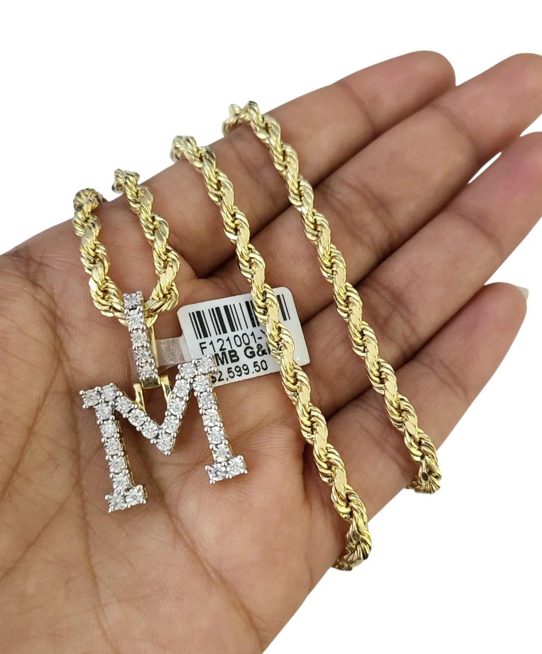 10k Rope Chain M Diamond Initial Charm Necklace Pendant Set 4mm 20"-30" Gold