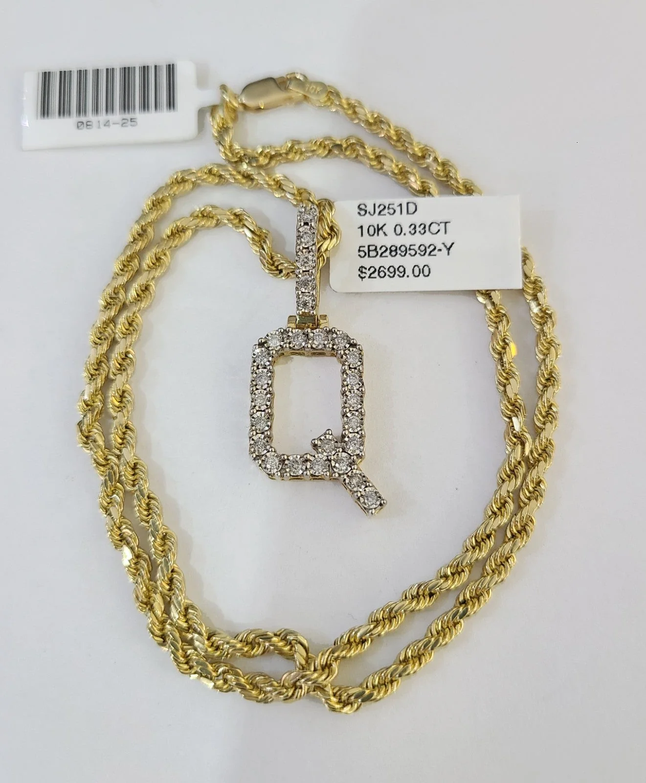 10k Rope Chain Q Diamond Initial Charm Necklace Pendant Set 2mm 18"-24" Gold - Image 4