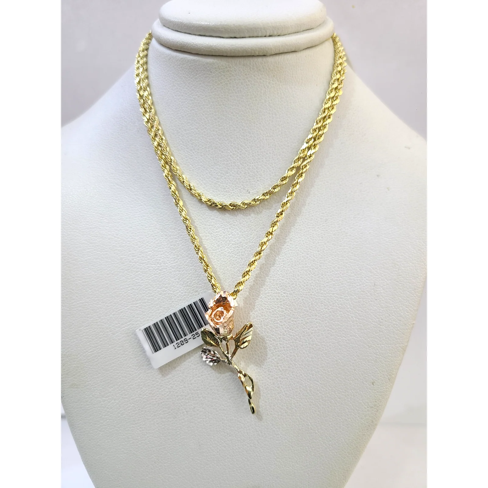 10k Rope Chain Rose Trio gold Charm Necklace Pendant Set 2mm 16"-26" Gold - Image 2