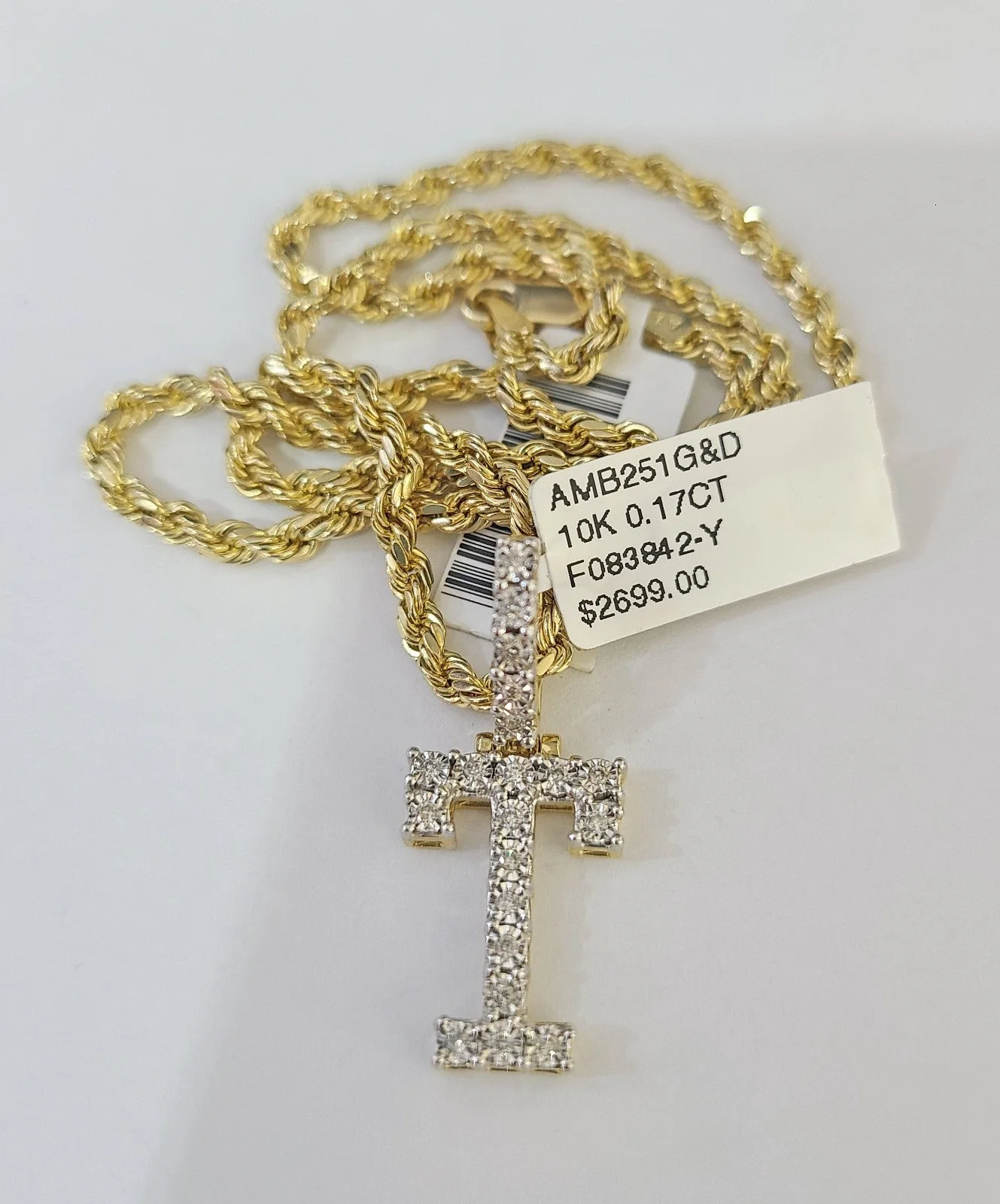 10k Rope Chain T Diamond Initial Charm Necklace Pendant Set 2mm 18"-24" Gold - Image 2