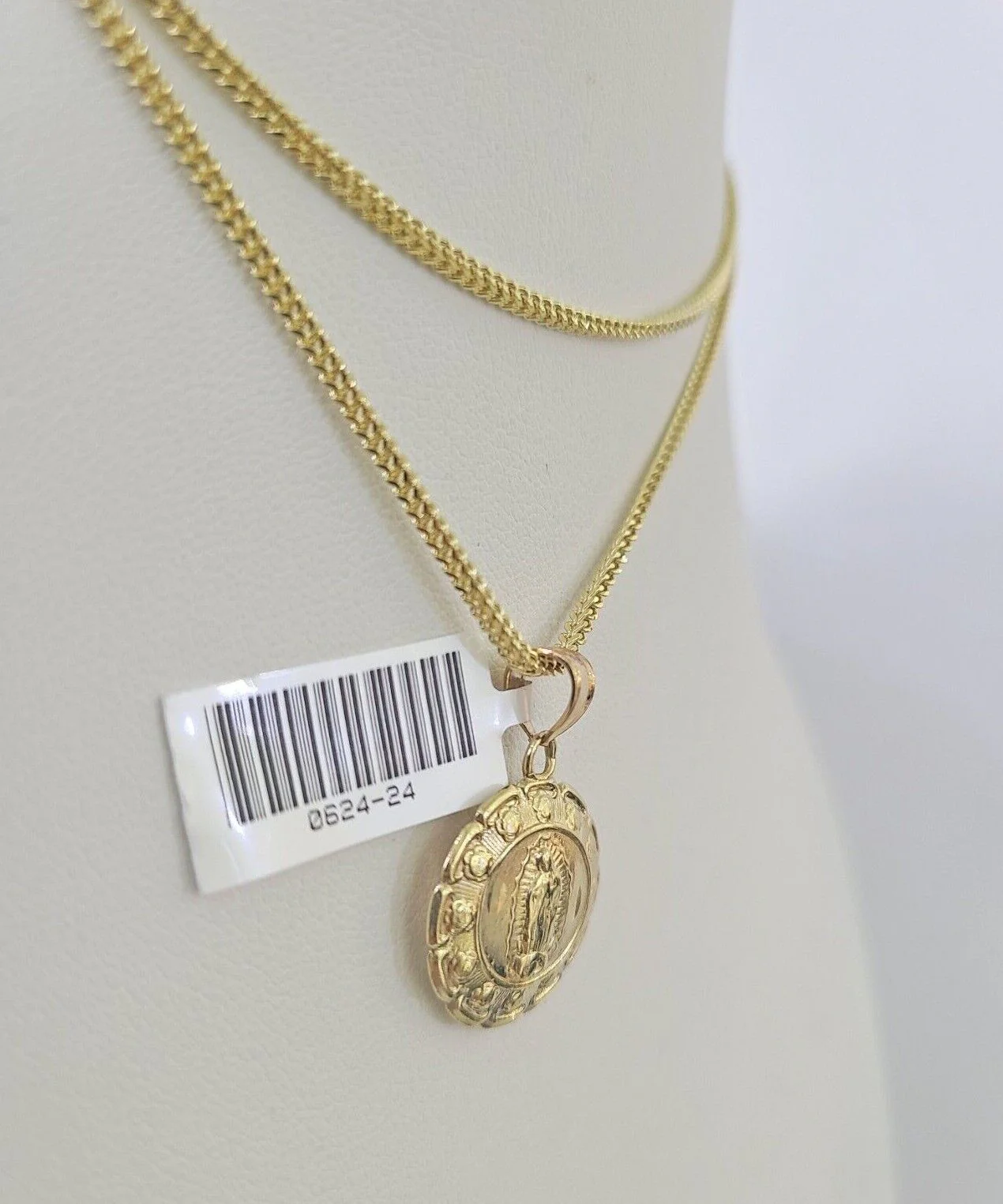 10K Solid Franco Chain Jesus Virgin Mary Pendant Charm Necklace 18"-24" 1mm Gold - Image 2