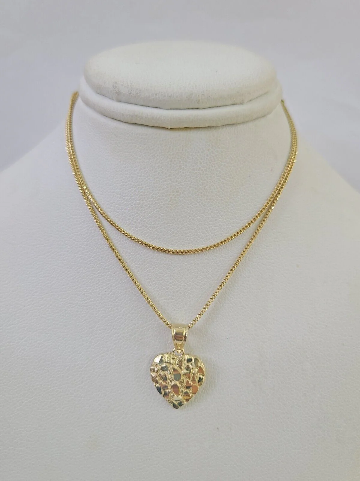 10K Solid Franco Chain Nugget Heart Pendant Charm Necklace 18"-24" 1mm Gold