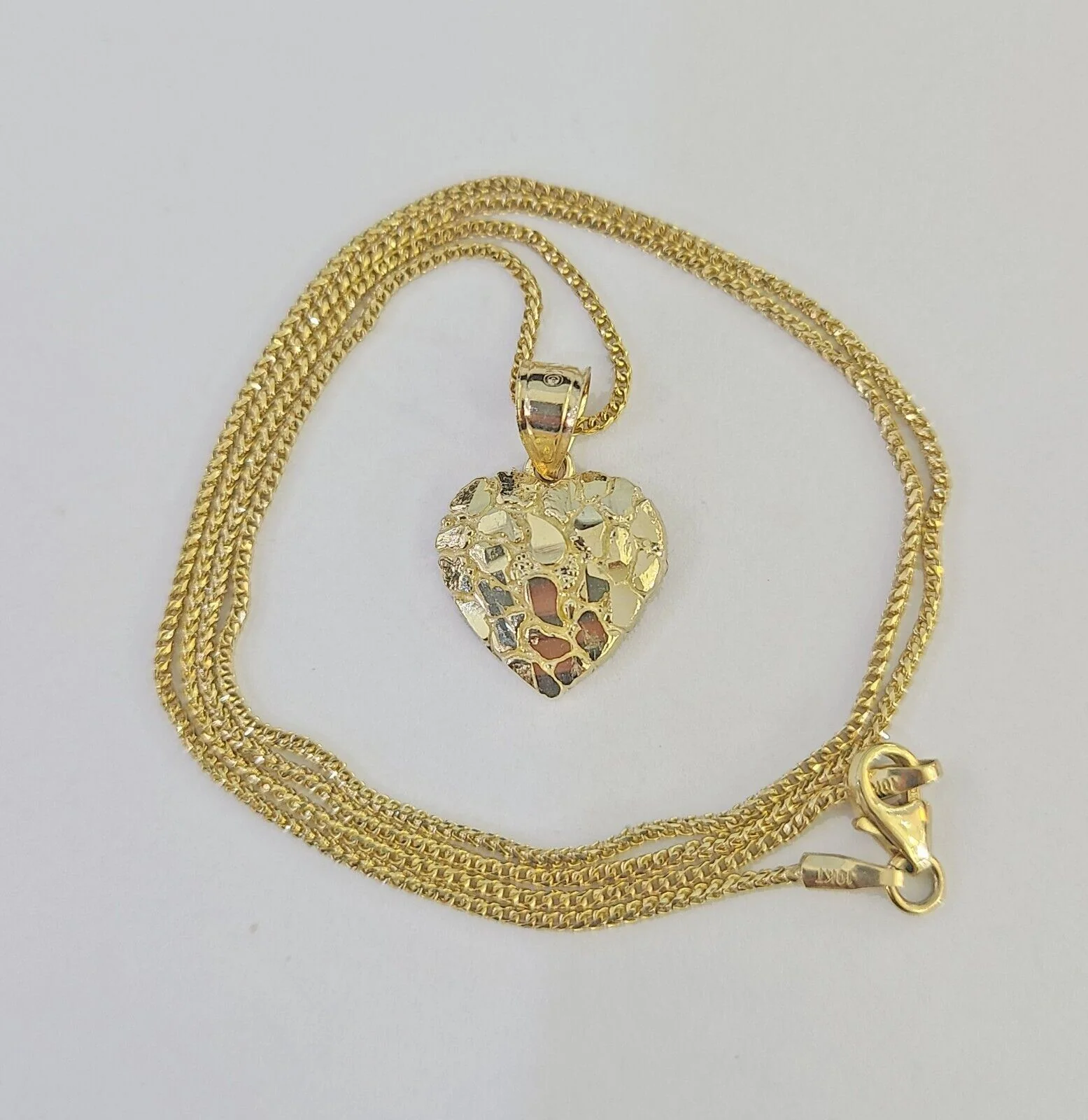 10K Solid Franco Chain Nugget Heart Pendant Charm Necklace 18"-24" 1mm Gold - Image 4