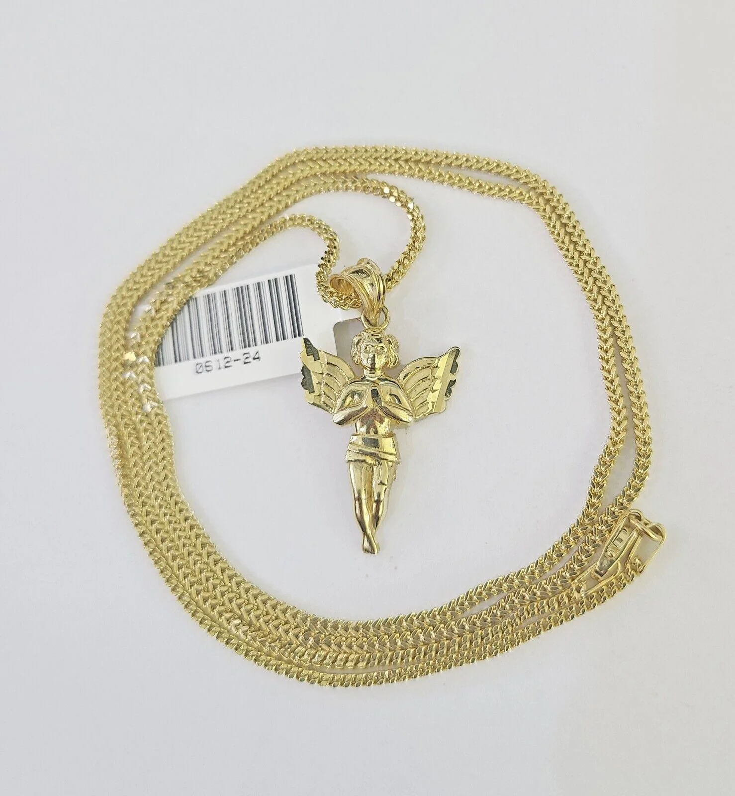 10K Solid Franco Chain Praying Angel Pendant Charm Necklace 18"-24" 1mm Gold - Image 2