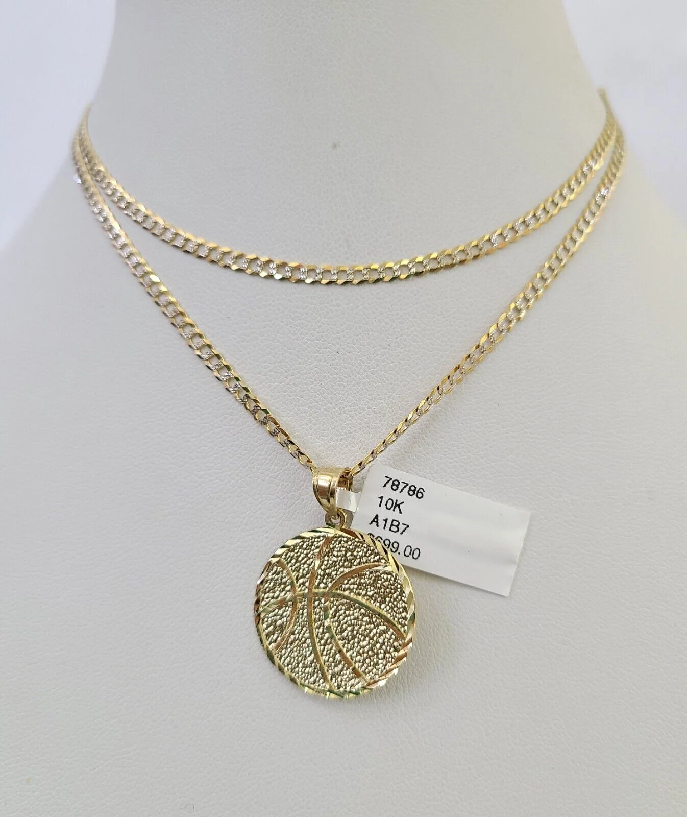 10k Solid Gold Cuban Curb Chain Basket Ball Pendant 2mm 18"-24" SET Necklace - Image 4