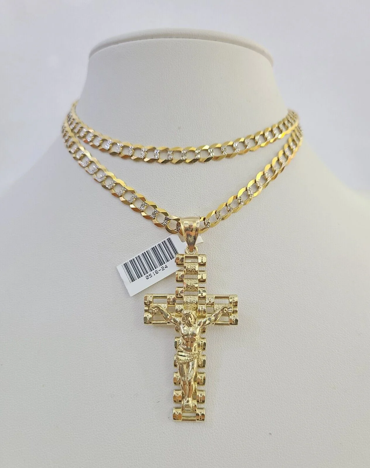 10k Solid Gold Cuban Curb Chain Jesus Cross Pendant 6mm 20"-30" SET Necklace - Image 3