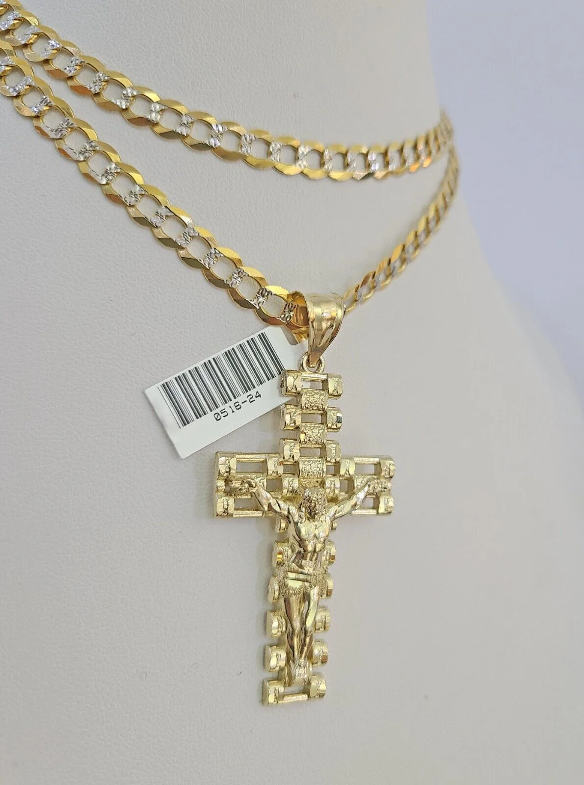 10k Solid Gold Cuban Curb Chain Jesus Cross Pendant 6mm 20"-30" SET Necklace - Image 4