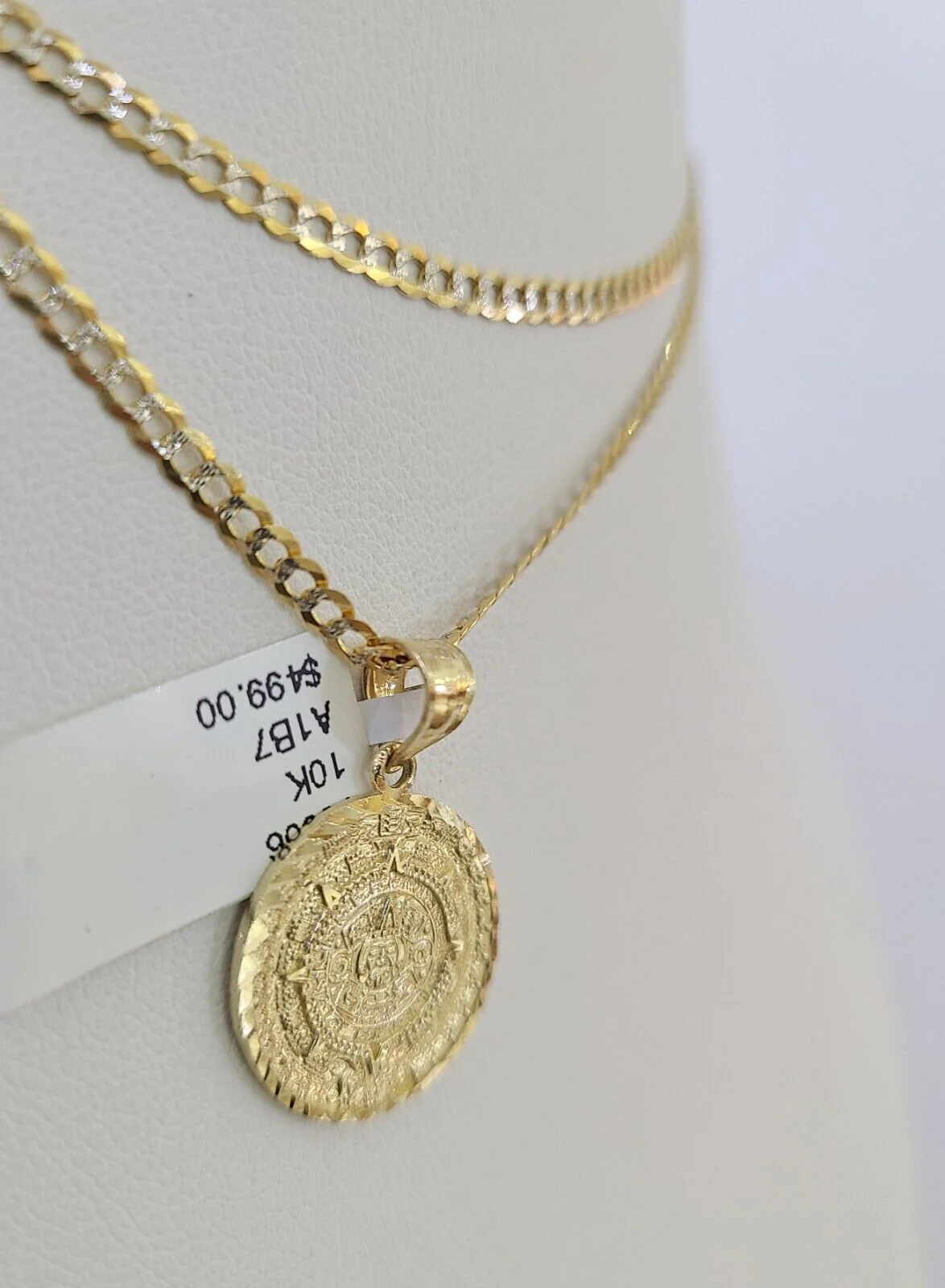 10k Solid Gold Cuban Curb Chain Mayan Calendar Pendant 2mm 18"-24" SET Necklace - Image 6