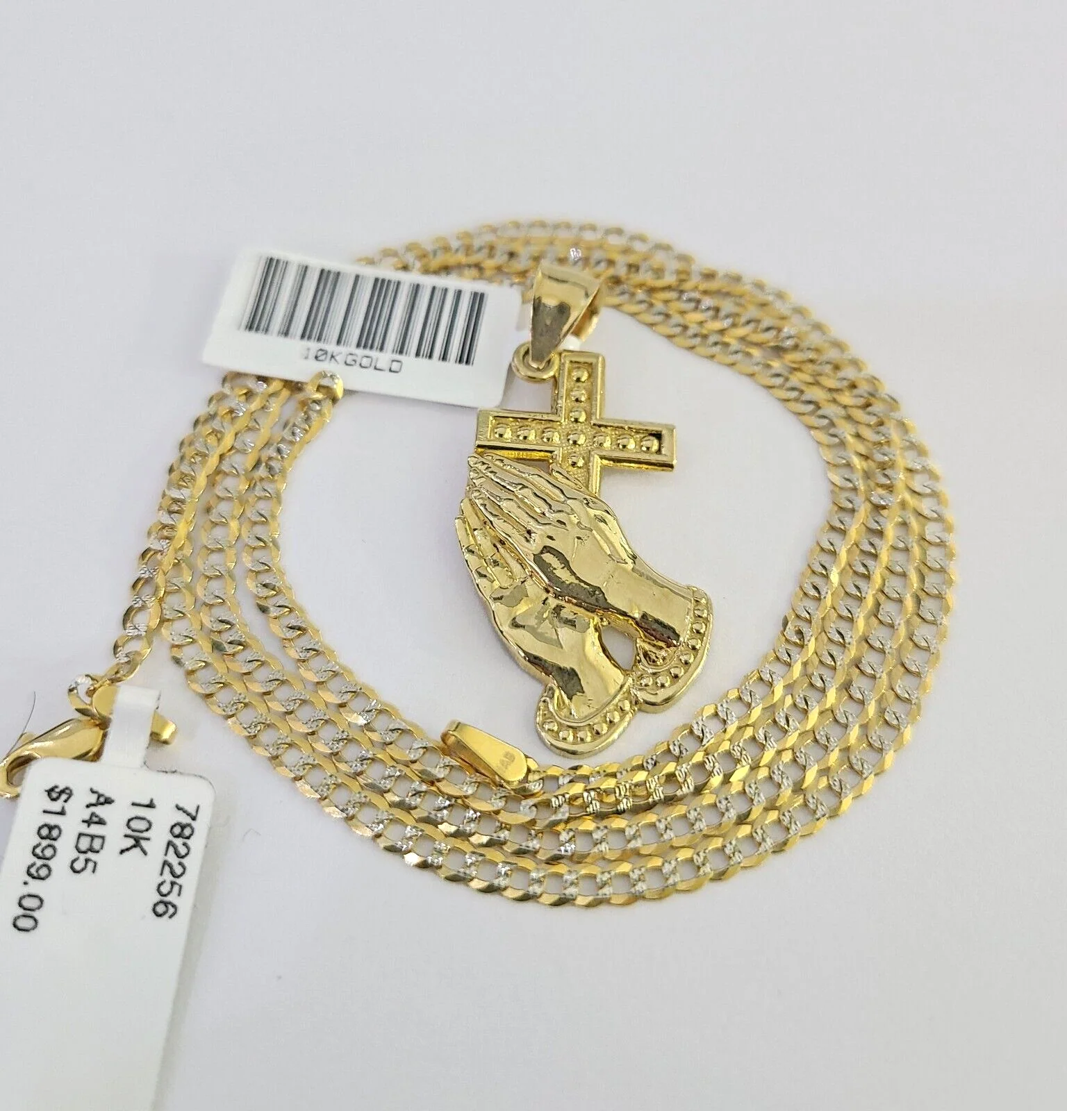 10k Solid Gold Cuban Curb Chain Praying Hands Pendant 2mm 18"-24" SET Necklace