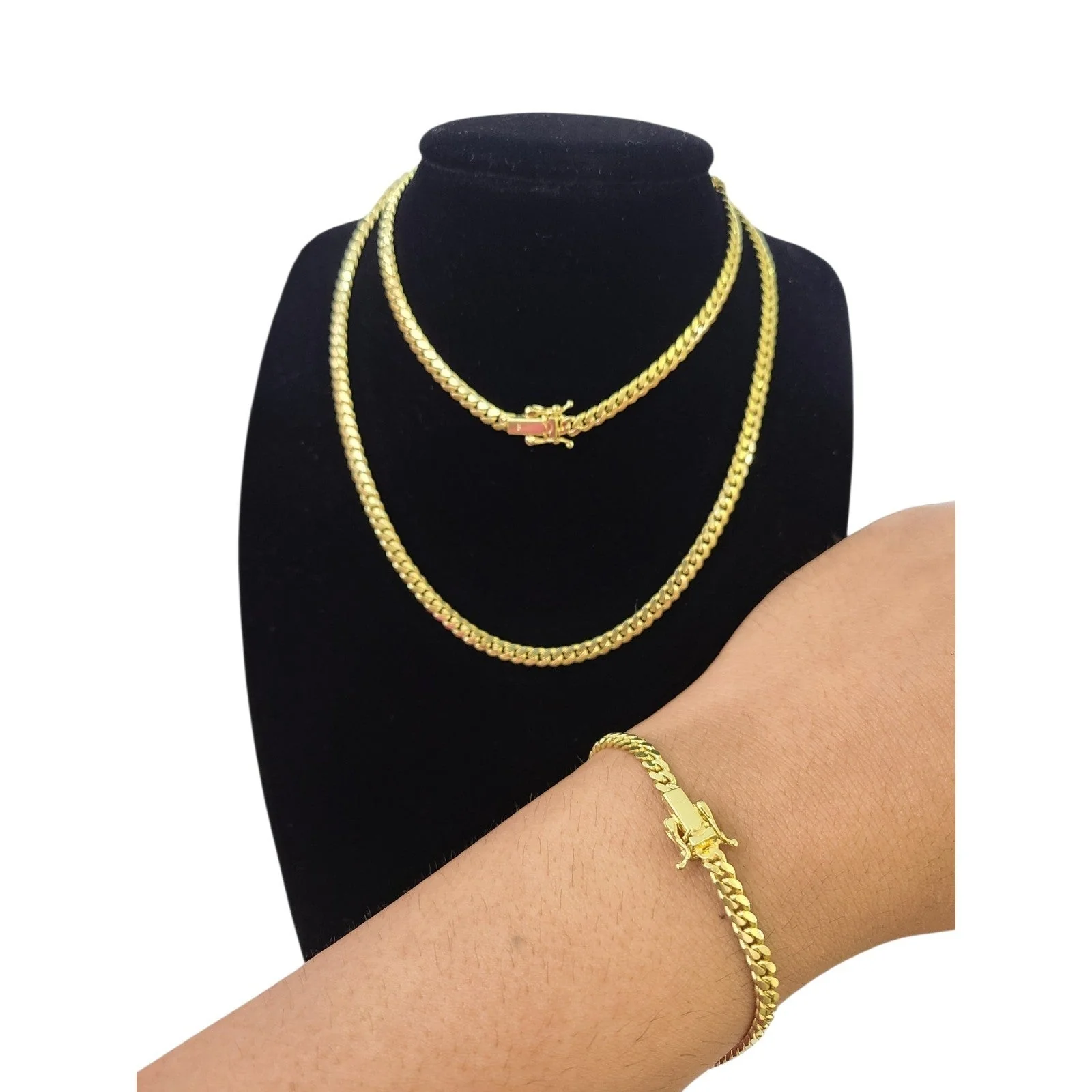 10k Solid Gold Miami Cuban Chain 18"-24" Bracelet 7" Set 4mm Men Women Necklace - Image 2