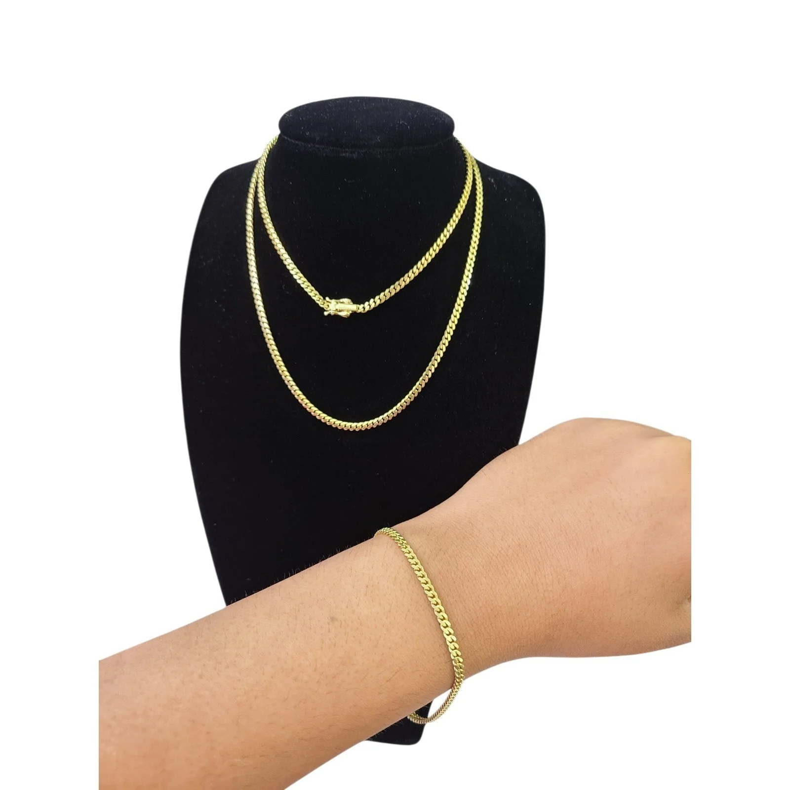 10k Solid Gold Miami Cuban Chain Bracelet Set 3mm 18"-24" Men Women Necklace