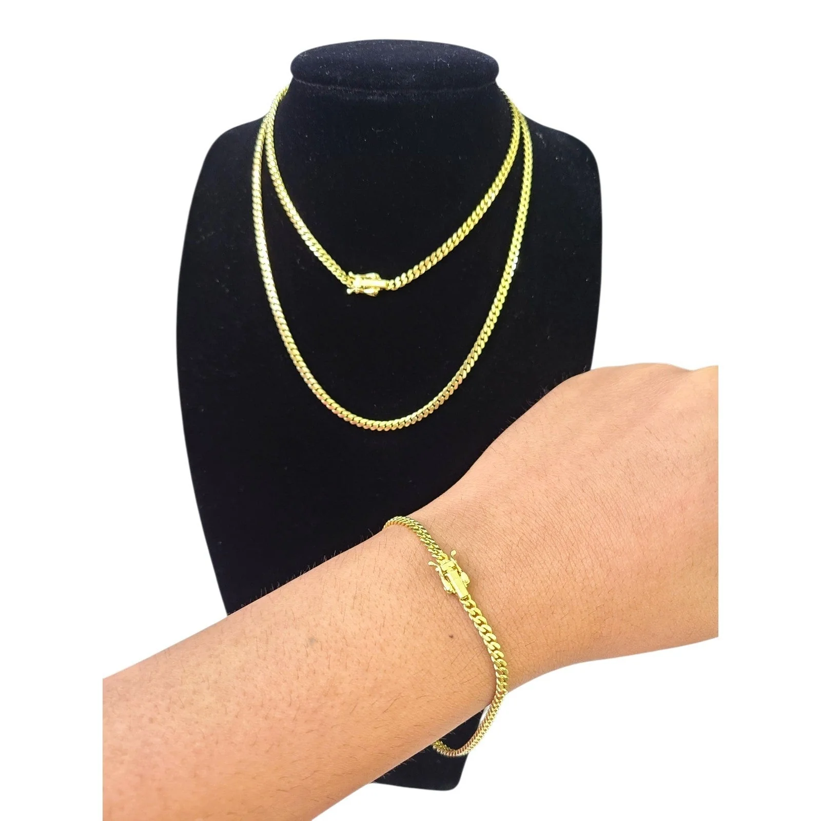 10k Solid Gold Miami Cuban Chain Bracelet Set 3mm 18"-24" Men Women Necklace - Image 8