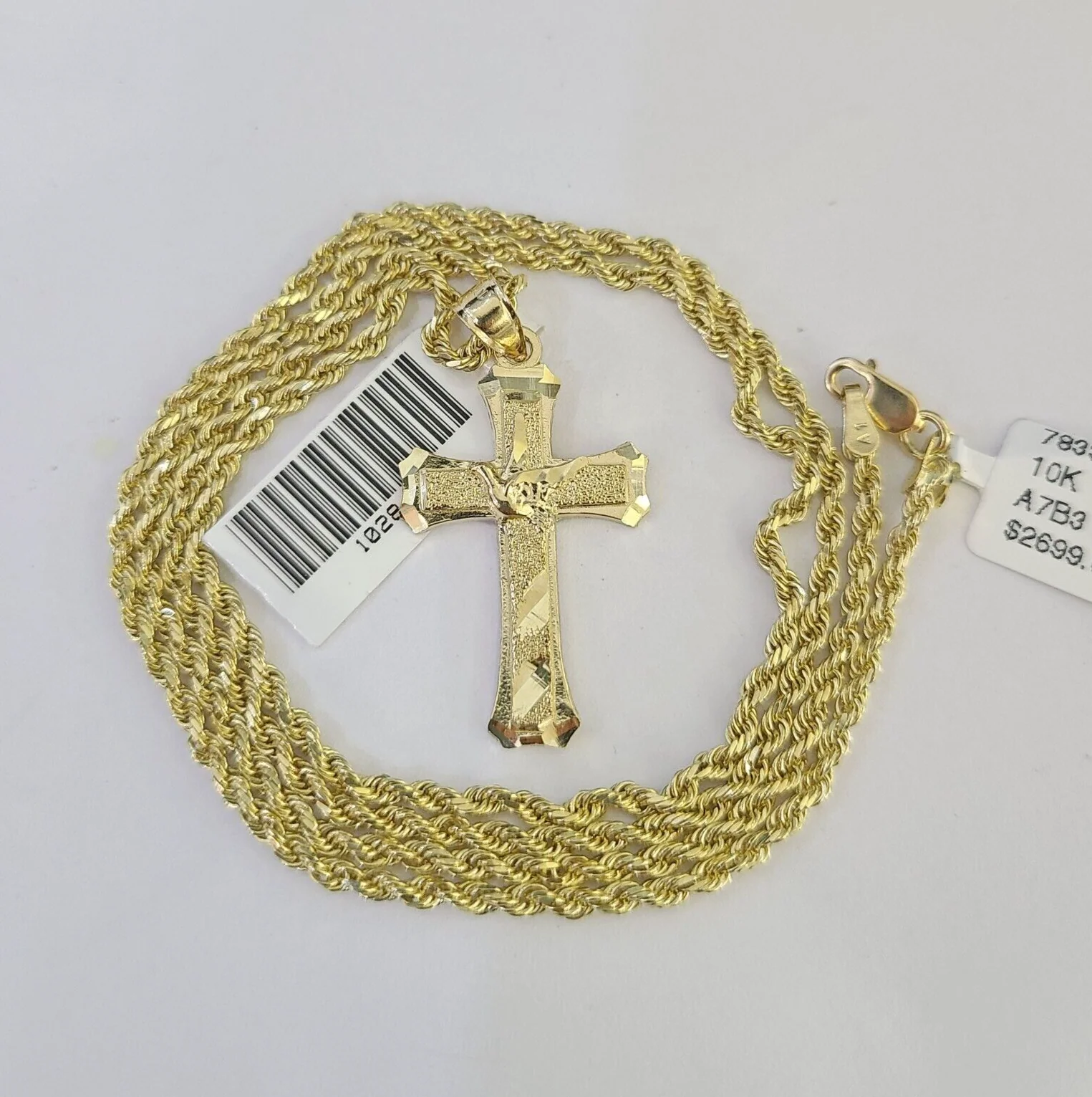10k Solid Rope Chain 2mm Necklace Jesus Cross Pendant Charm SET 18-24 in - Image 3